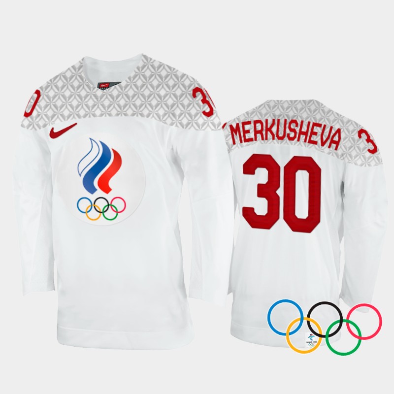 Russia Women's Valeria Merkusheva 2022 Winter Olympics White #30 Jersey Away