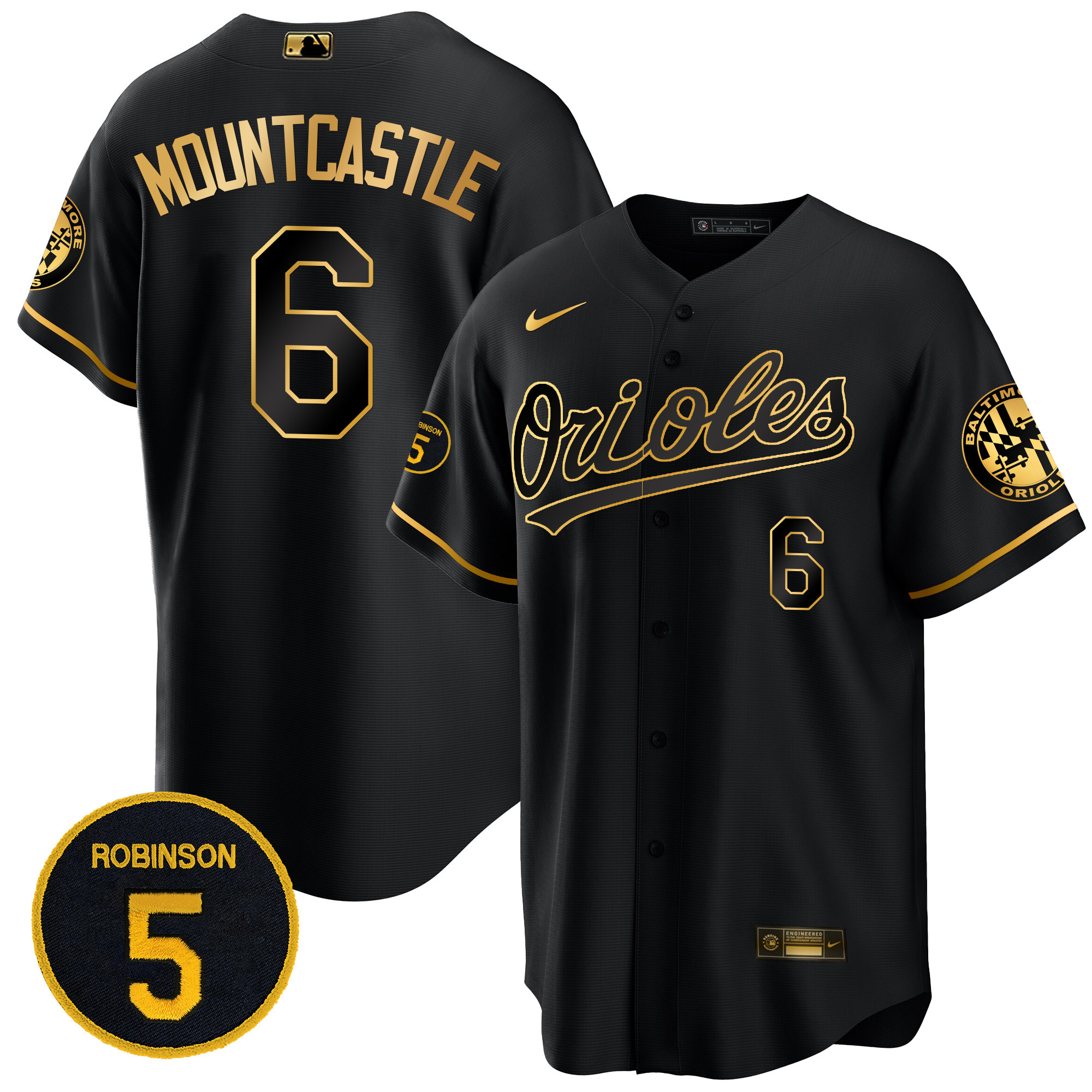 Ryan Mountcastle Men’s Baltimore Orioles Robinson Patch Cool Base Black Gold Jersey - All Stitched