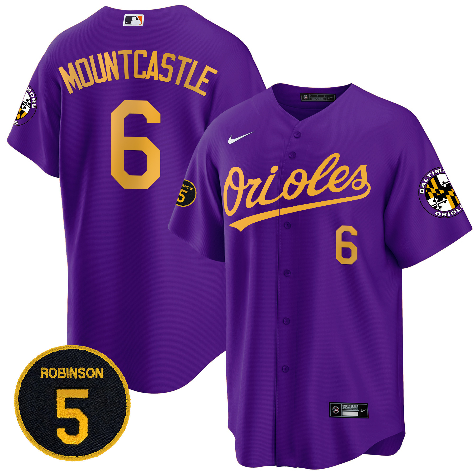Ryan Mountcastle Men’s Baltimore Orioles Robinson Patch Cool Base Purple Gold Jersey - All Stitched