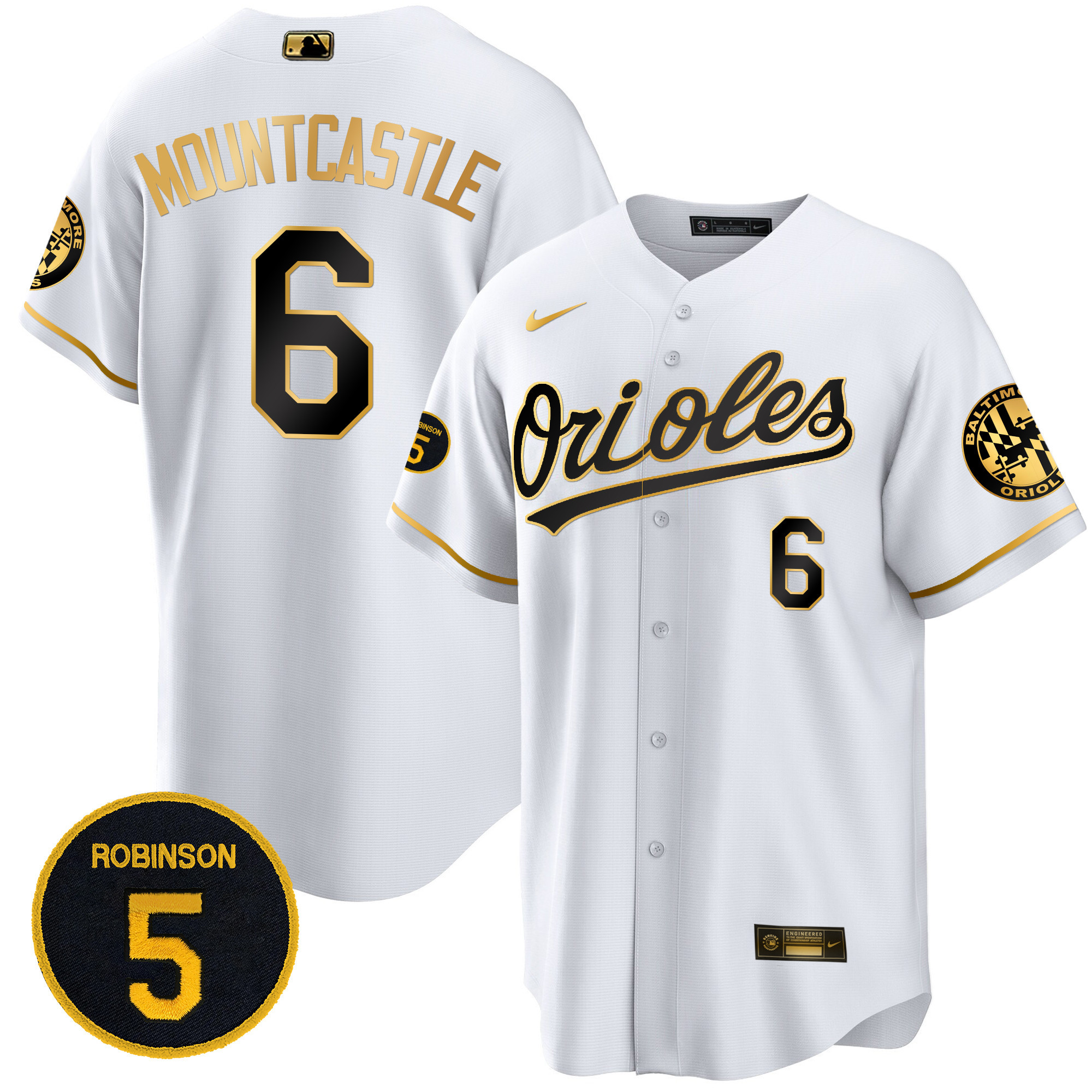 Ryan Mountcastle Men’s Baltimore Orioles Robinson Patch Cool Base White Gold Jersey - All Stitched