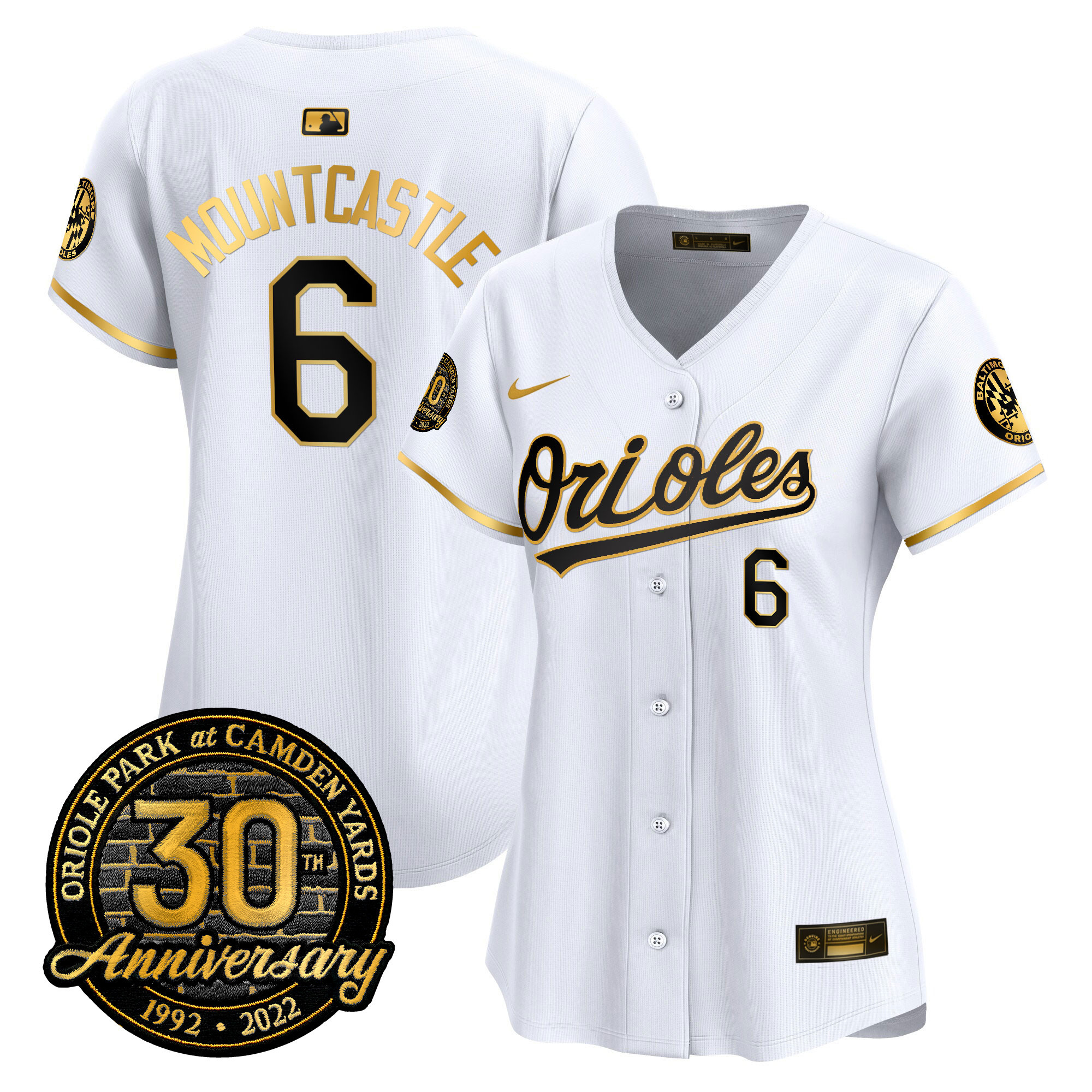 Ryan Mountcastle Women’s Baltimore Orioles Camden Yards 30th Anniversary Patch Vapor Premier Limited White Gold Jersey - All Stitched