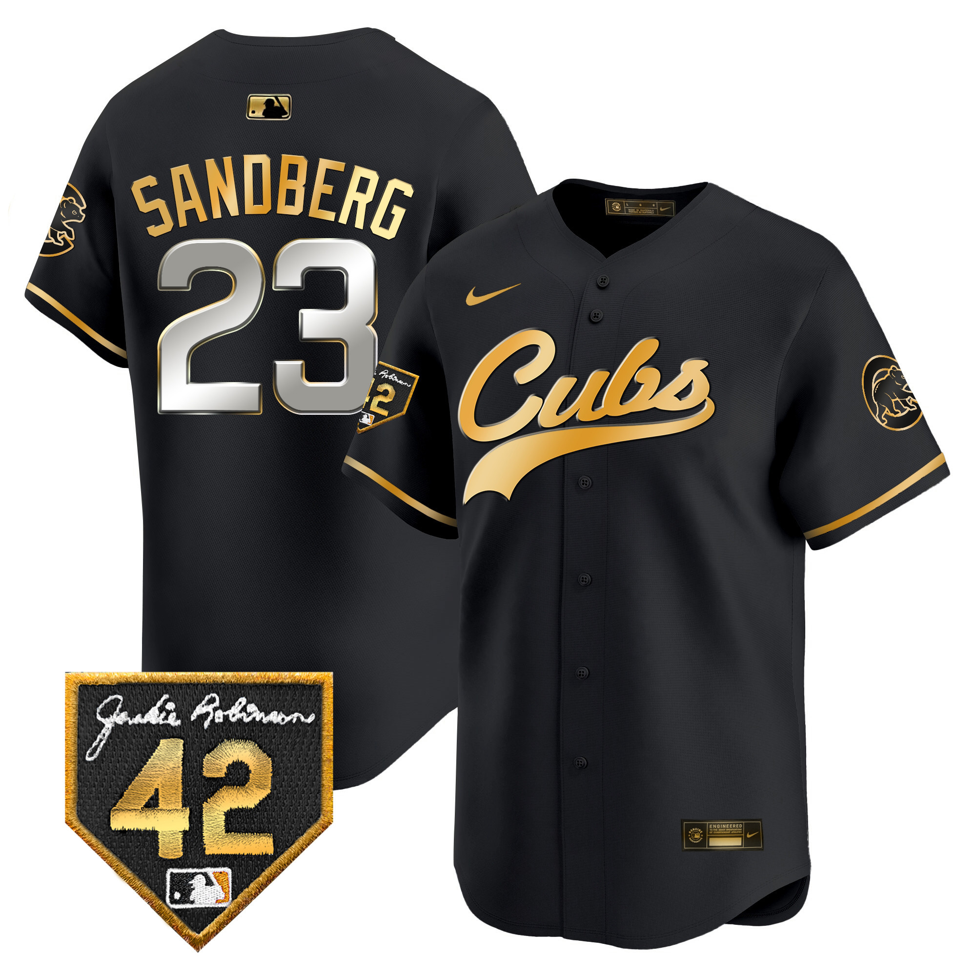 Ryne Sandberg Men's Chicago Cubs 2024 Jackie Robinson Patch Vapor Premier Limited Black Gold Jersey - All Stitched
