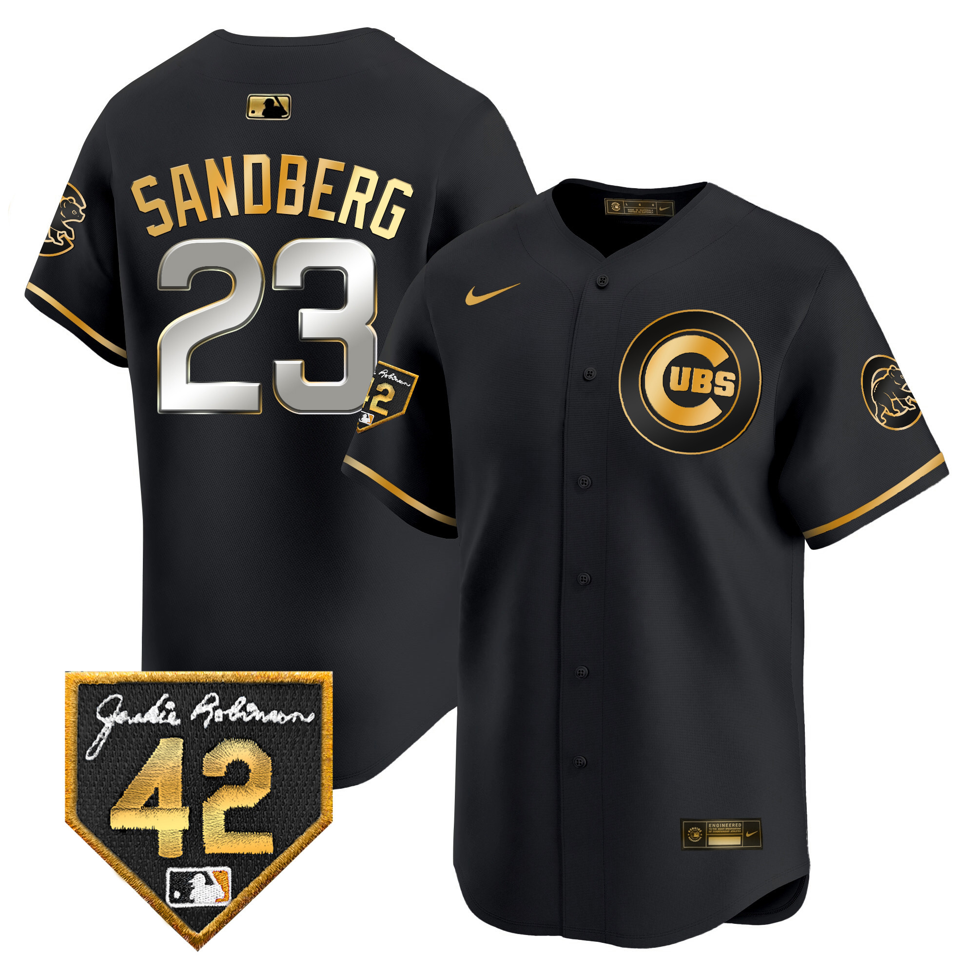 Ryne Sandberg Men's Chicago Cubs 2024 Jackie Robinson Patch Vapor Premier Limited V2 Black Gold Jersey - All Stitched