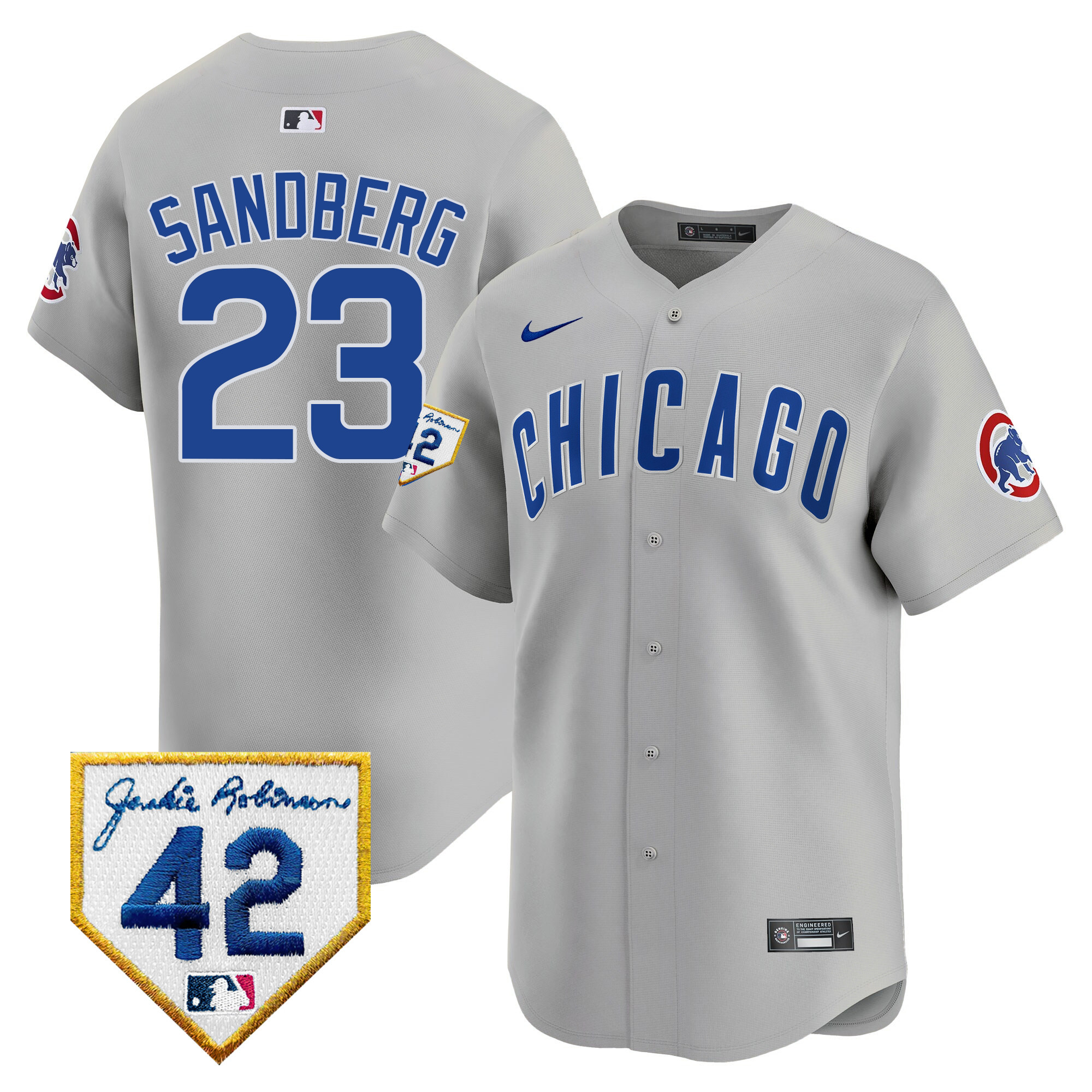 Ryne Sandberg Men's Chicago Cubs 2024 Jackie Robinson Patch Vapor Premier Limited V2 Gray Road Jersey - All Stitched