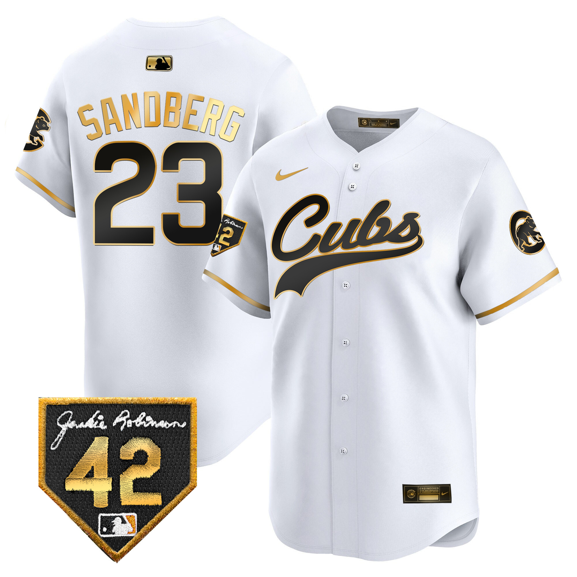 Ryne Sandberg Men's Chicago Cubs 2024 Jackie Robinson Patch Vapor Premier Limited White Gold Jersey - All Stitched