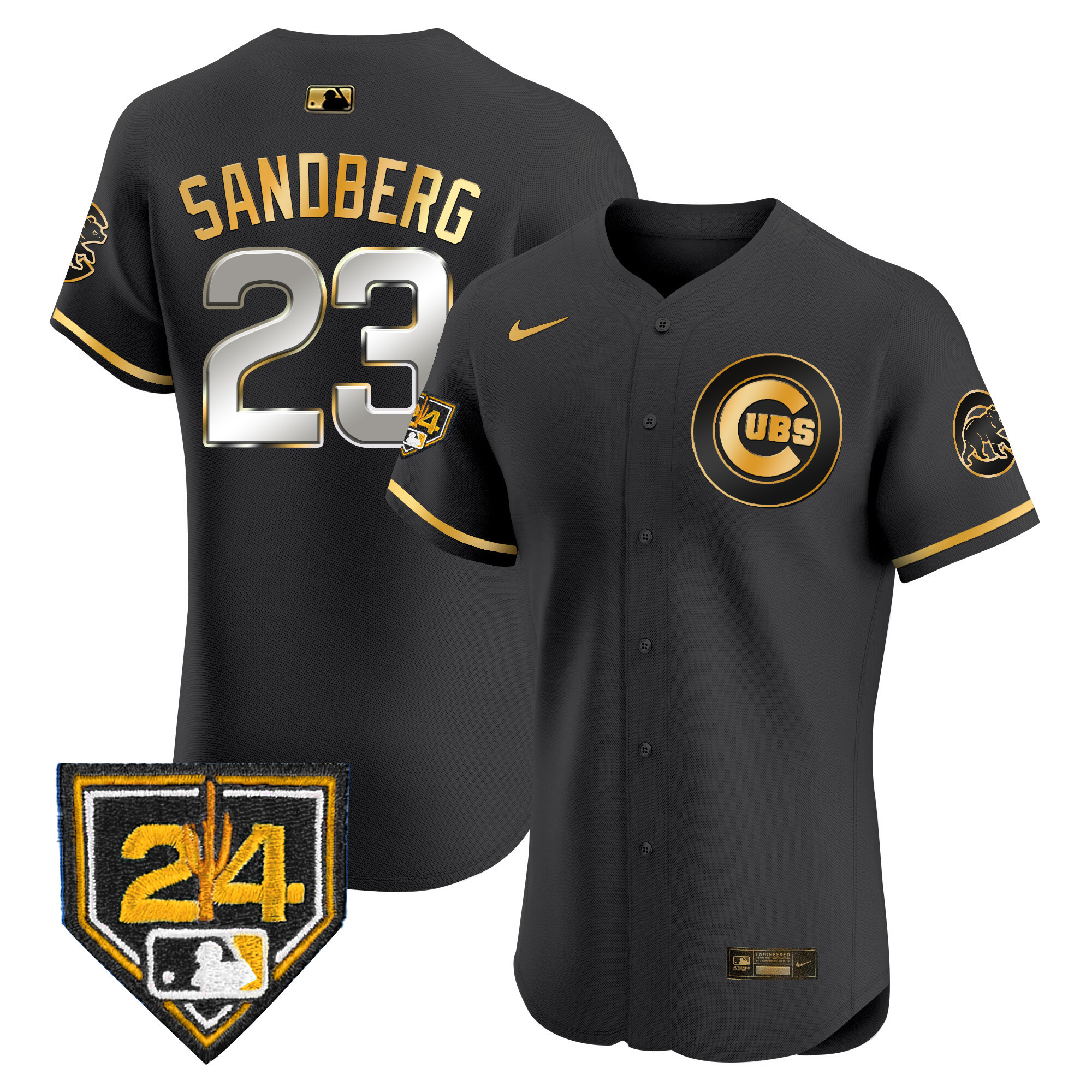 Ryne Sandberg Men's Chicago Cubs 2024 Spring Training Patch Vapor Premier Elite V2 Black Gold Jersey - All Stitched