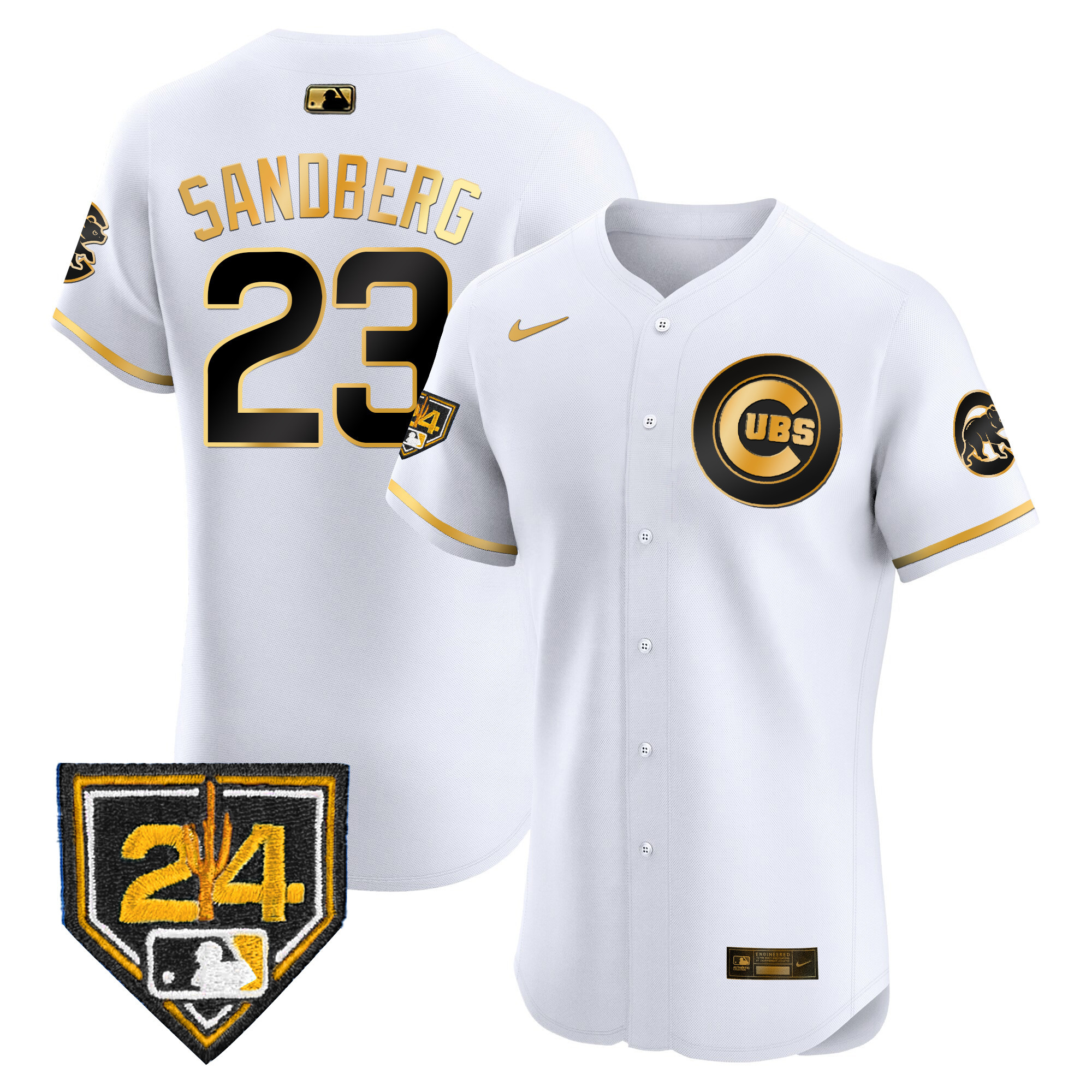 Ryne Sandberg Men's Chicago Cubs 2024 Spring Training Patch Vapor Premier Elite V2 White Gold Jersey - All Stitched