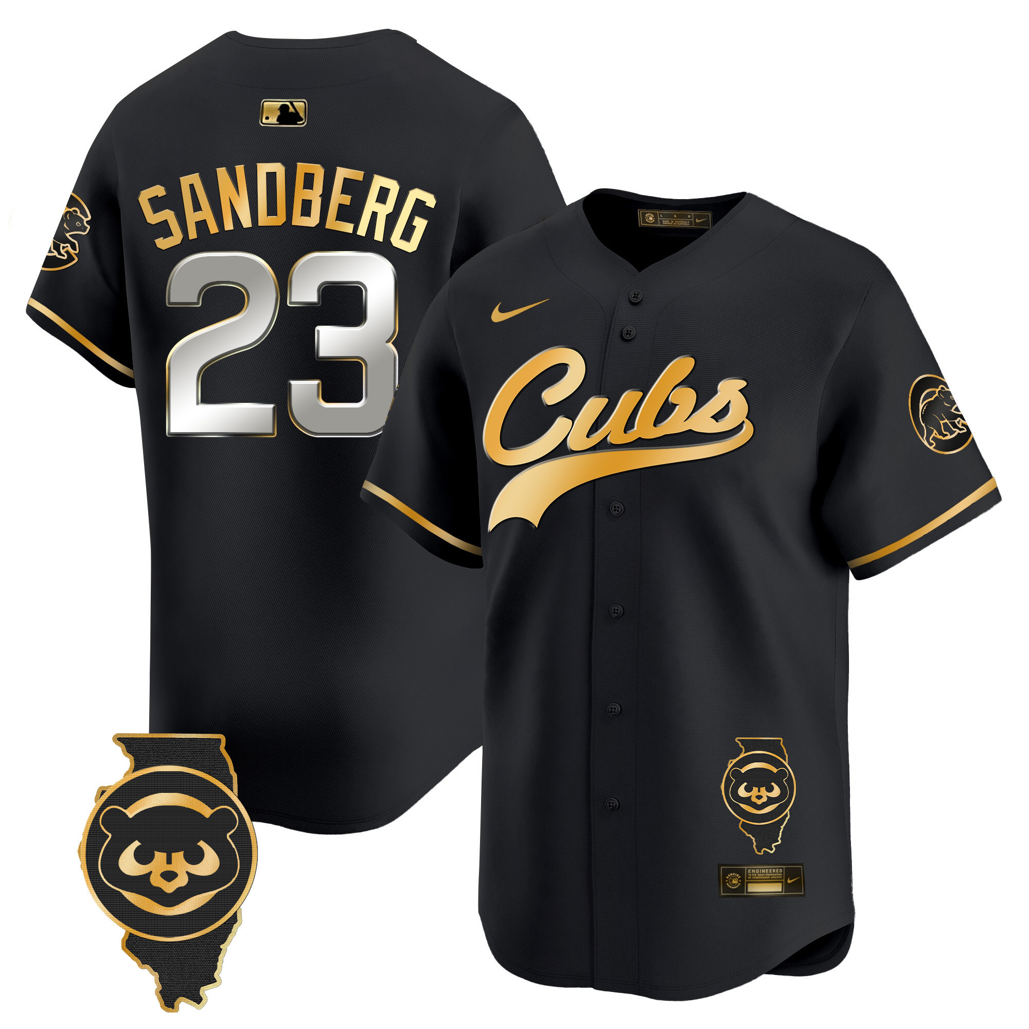 Ryne Sandberg Men's Chicago Cubs Illinois Patch Vapor Premier Limited Black Gold Jersey - All Stitched