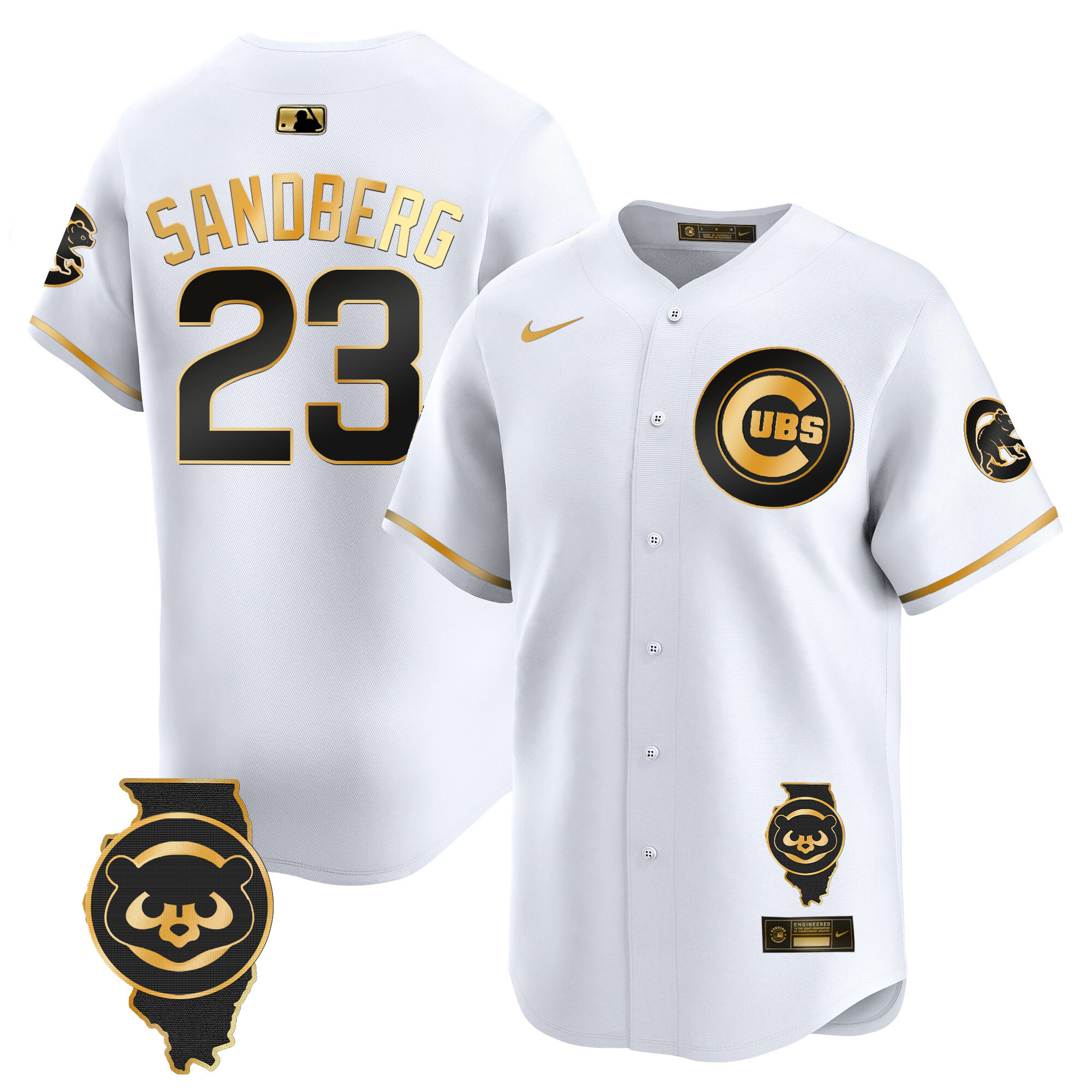 Ryne Sandberg Men's Chicago Cubs Illinois Patch Vapor Premier Limited V2 White Gold Jersey - All Stitched