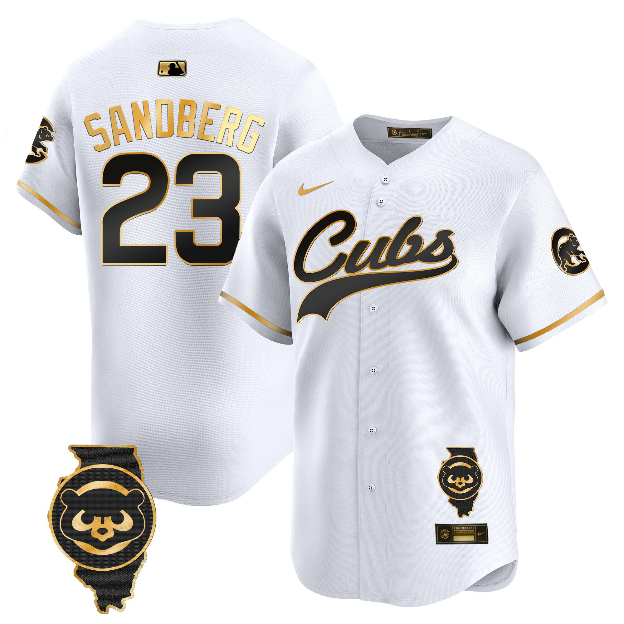 Ryne Sandberg Men's Chicago Cubs Illinois Patch Vapor Premier Limited White Gold Jersey - All Stitched