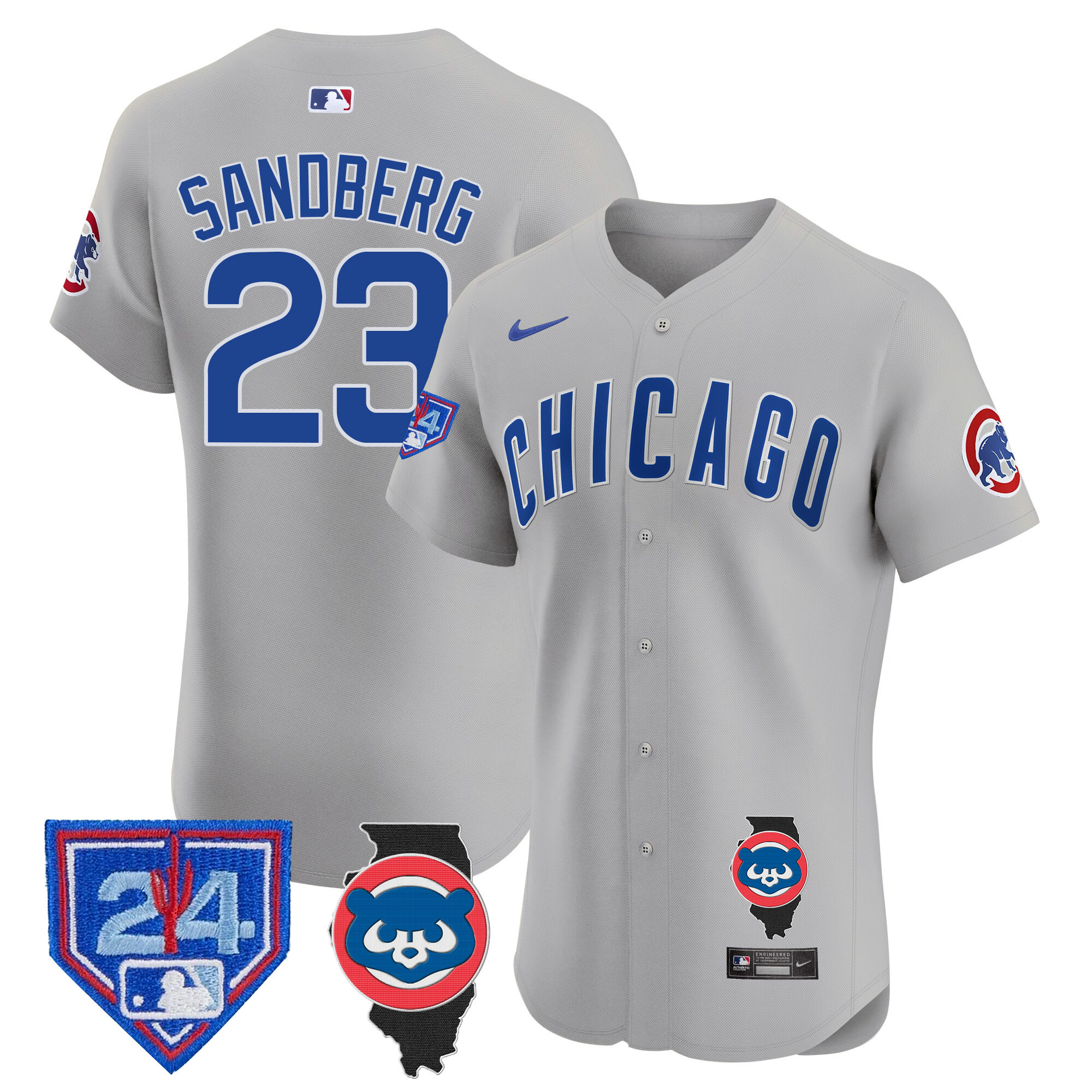 Ryne Sandberg Men's Chicago Cubs Spring Training & Illinois Patch Vapor Premier Elite Gray Road Jersey - All Stitched
