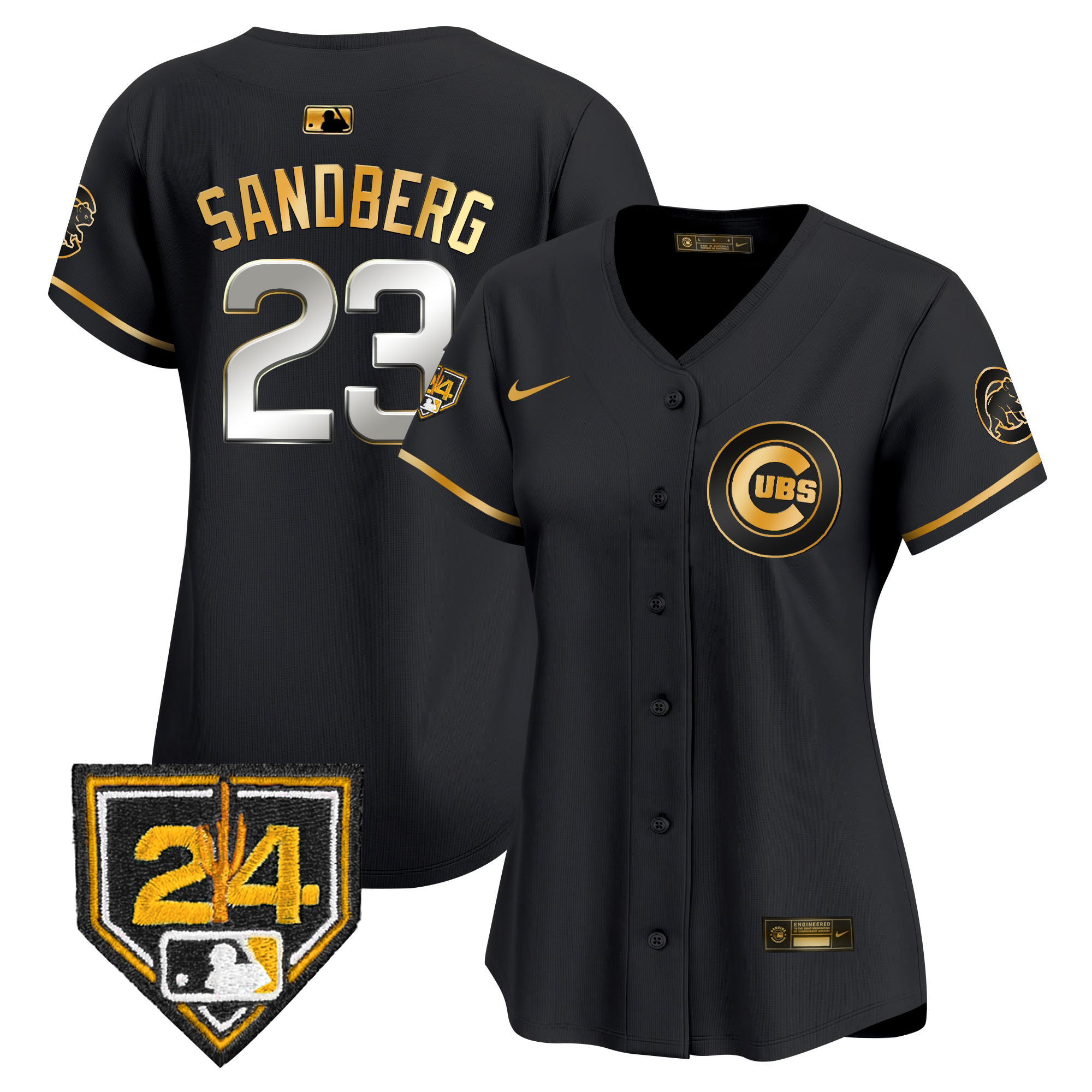 Ryne Sandberg Women's Chicago Cubs 2024 Spring Training Patch Vapor Premier Limited V2 Black Gold Jersey - All Stitched