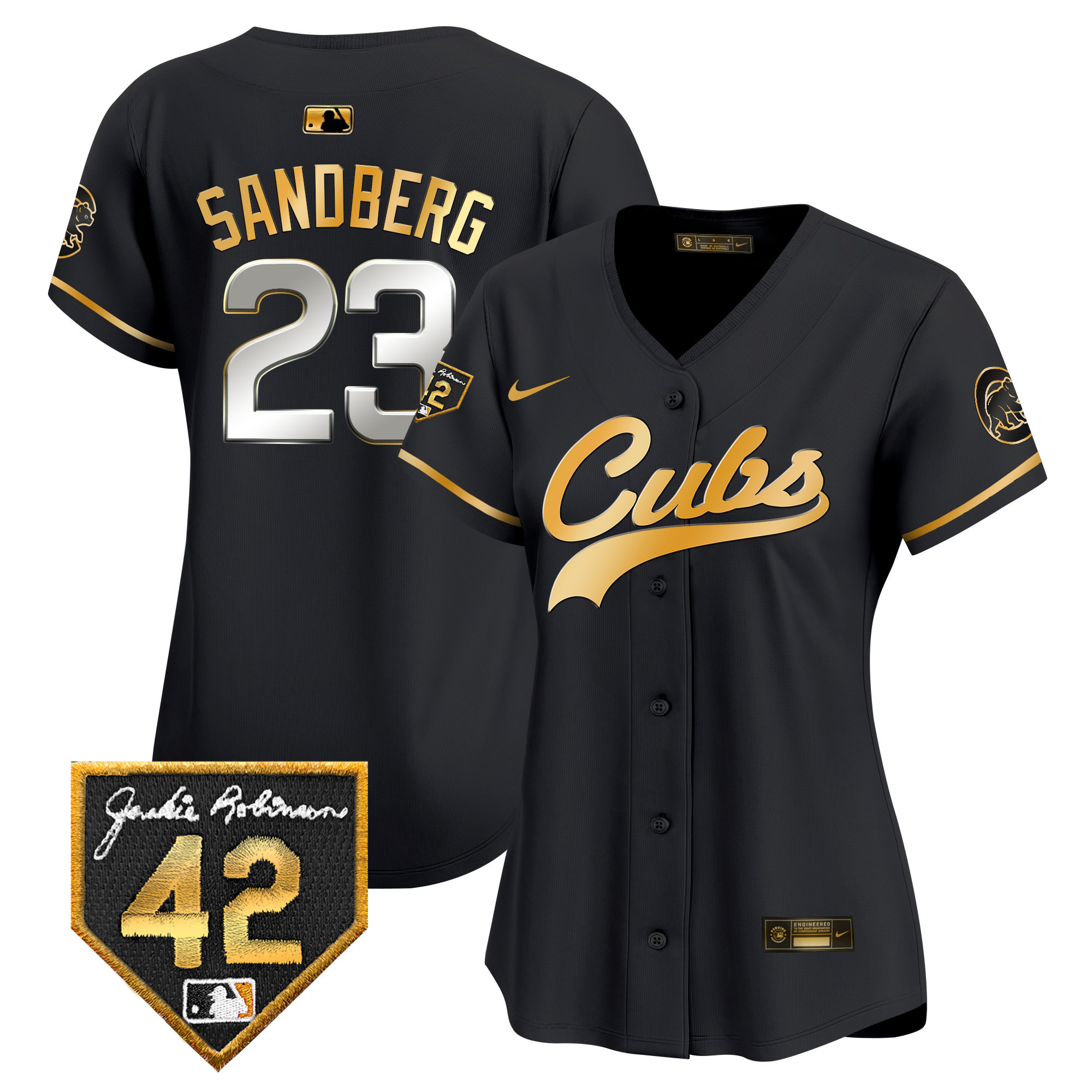 Ryne Sandberg Women's Chicago Cubs Jackie Robinson Patch Vapor Premier Limited Black Gold Jersey - All Stitched