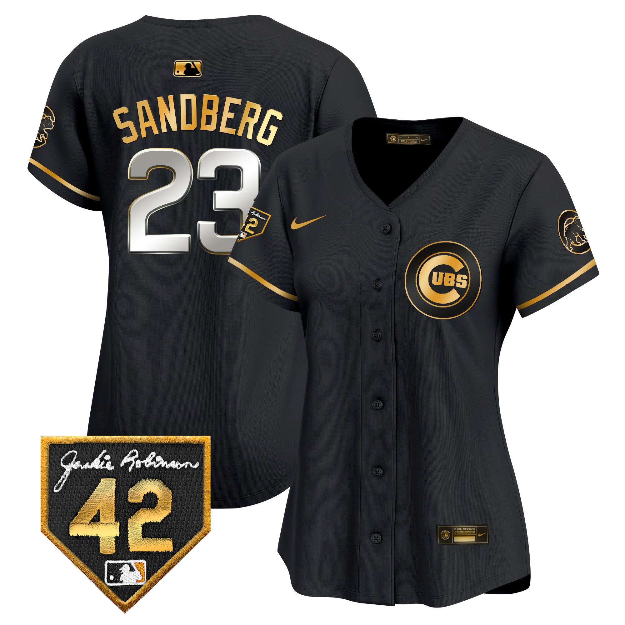 Ryne Sandberg Women's Chicago Cubs Jackie Robinson Patch Vapor Premier Limited V2 Black Gold Jersey - All Stitched
