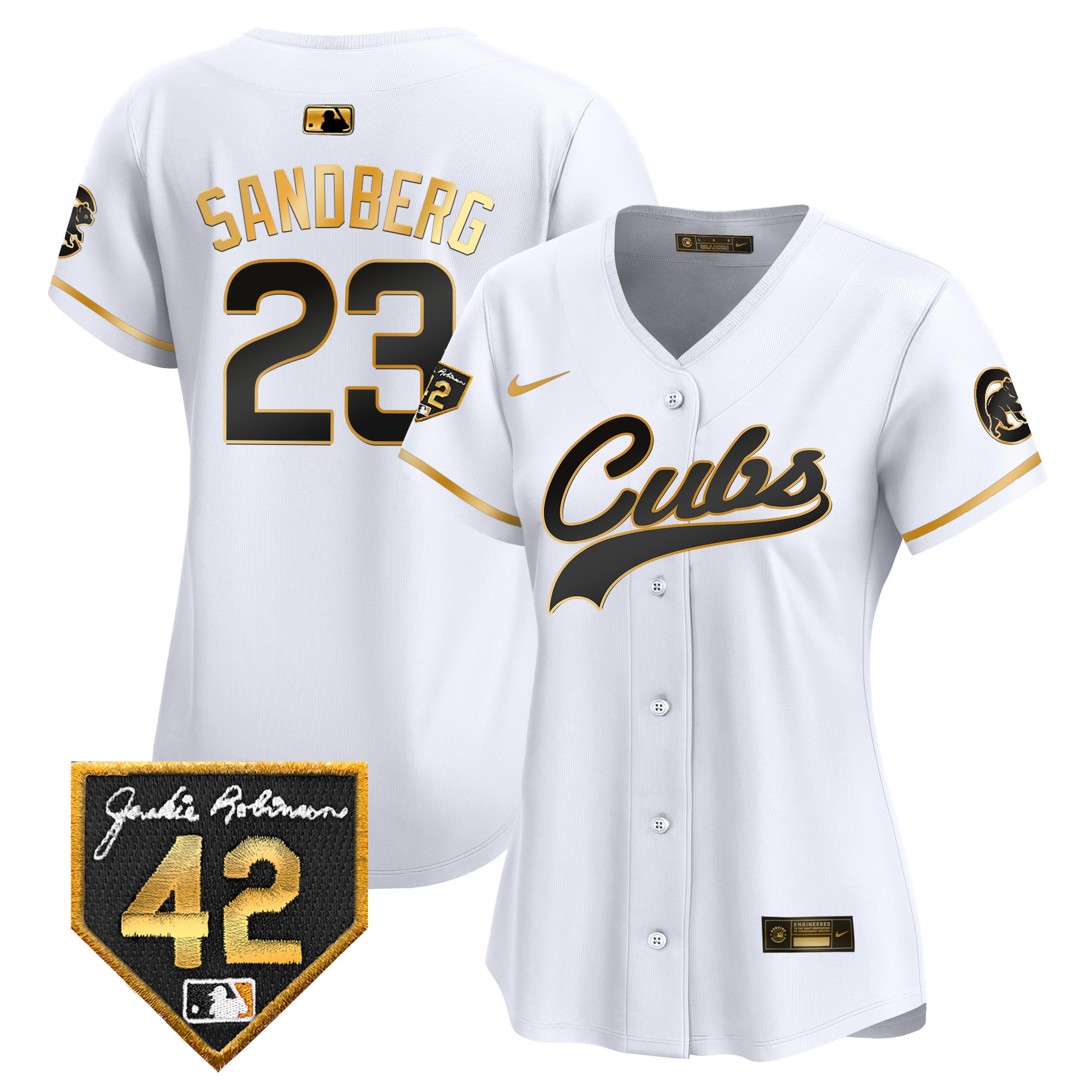 Ryne Sandberg Women's Chicago Cubs Jackie Robinson Patch Vapor Premier Limited White Gold Jersey - All Stitched