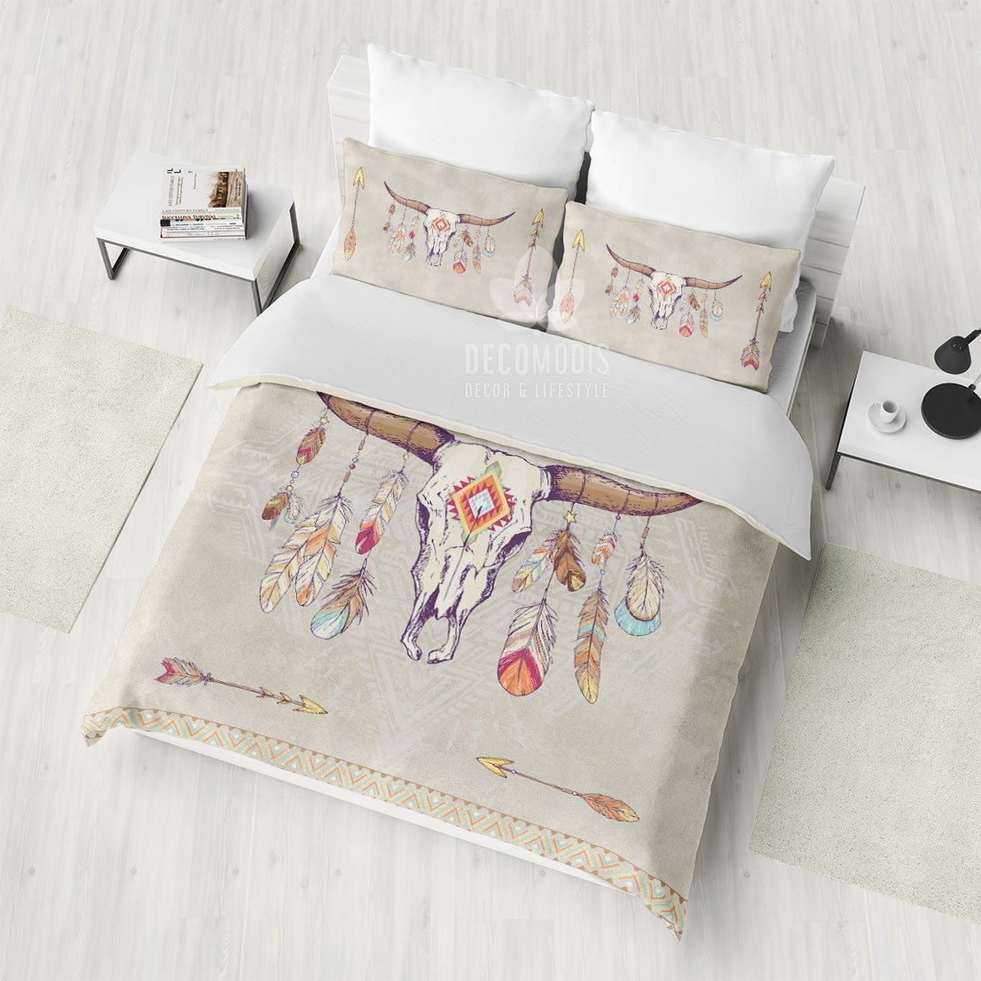 Sacred Buffalo Skull , Bohemian Ethno , Shabby Chick , Boho Totem Art Duvet Cover Bedding Set