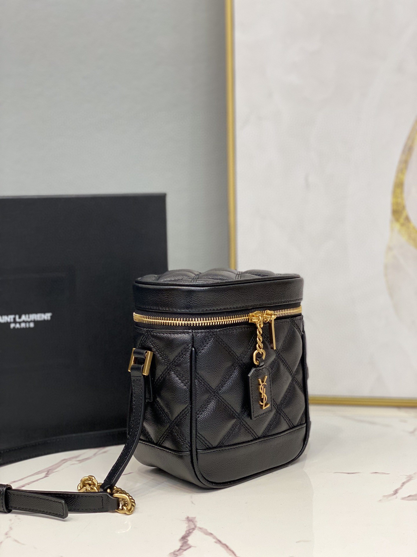 Saint Laurent 80’s Vanity Bag In Carré-Quilted Grain De Poudre Black For Women 6.4in/16.5cm YSL 649779DME271000