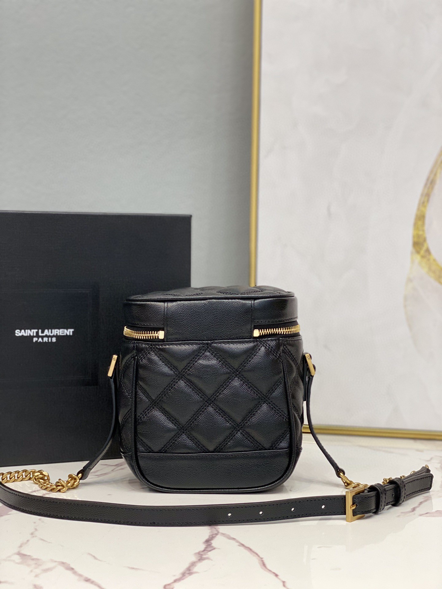 Saint Laurent 80’s Vanity Bag In Carré-Quilted Grain De Poudre Black For Women 6.4in/16.5cm YSL 649779DME271000