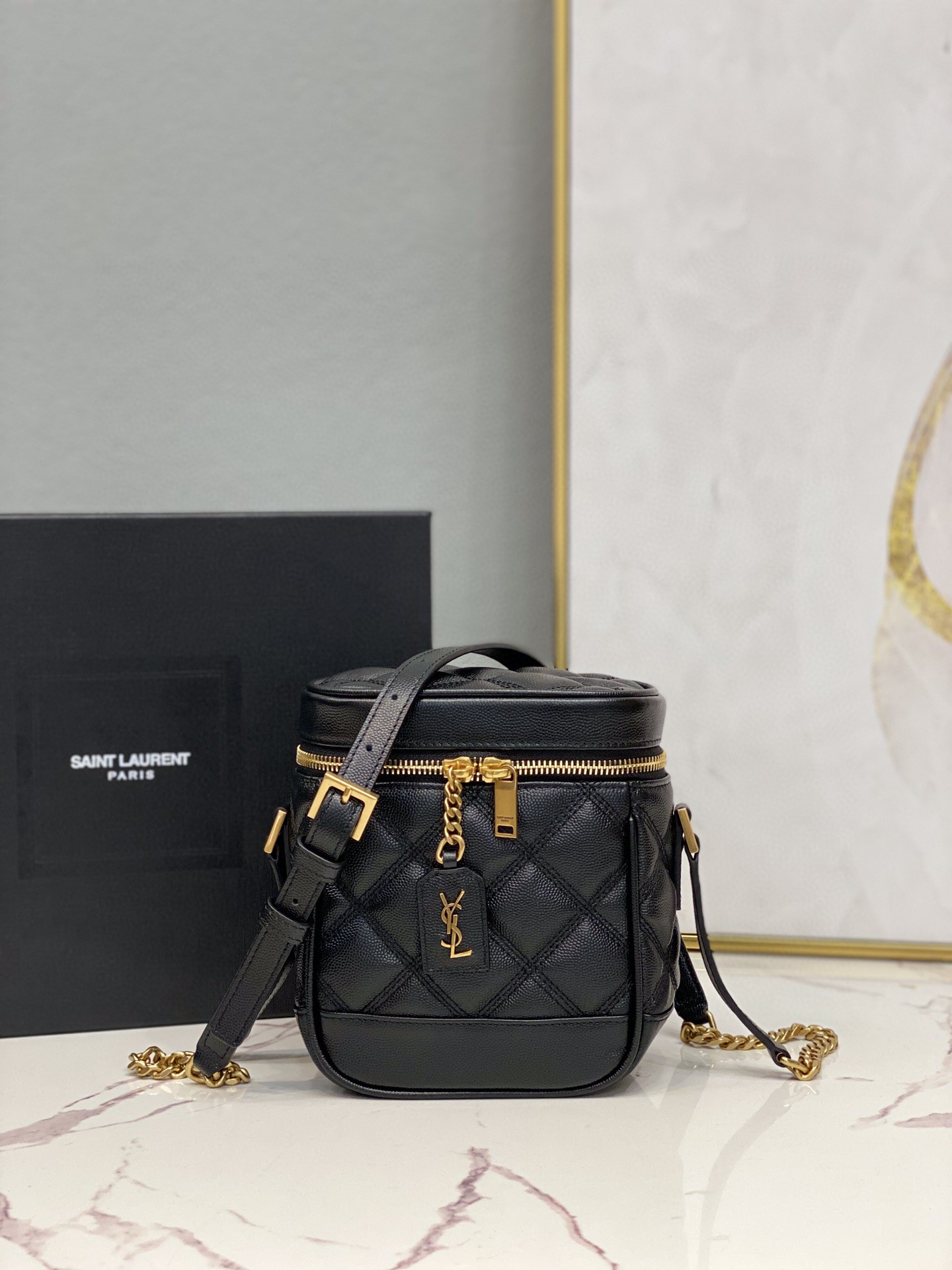 Saint Laurent 80’s Vanity Bag In Carré-Quilted Grain De Poudre Black For Women 6.4in/16.5cm YSL 649779DME271000