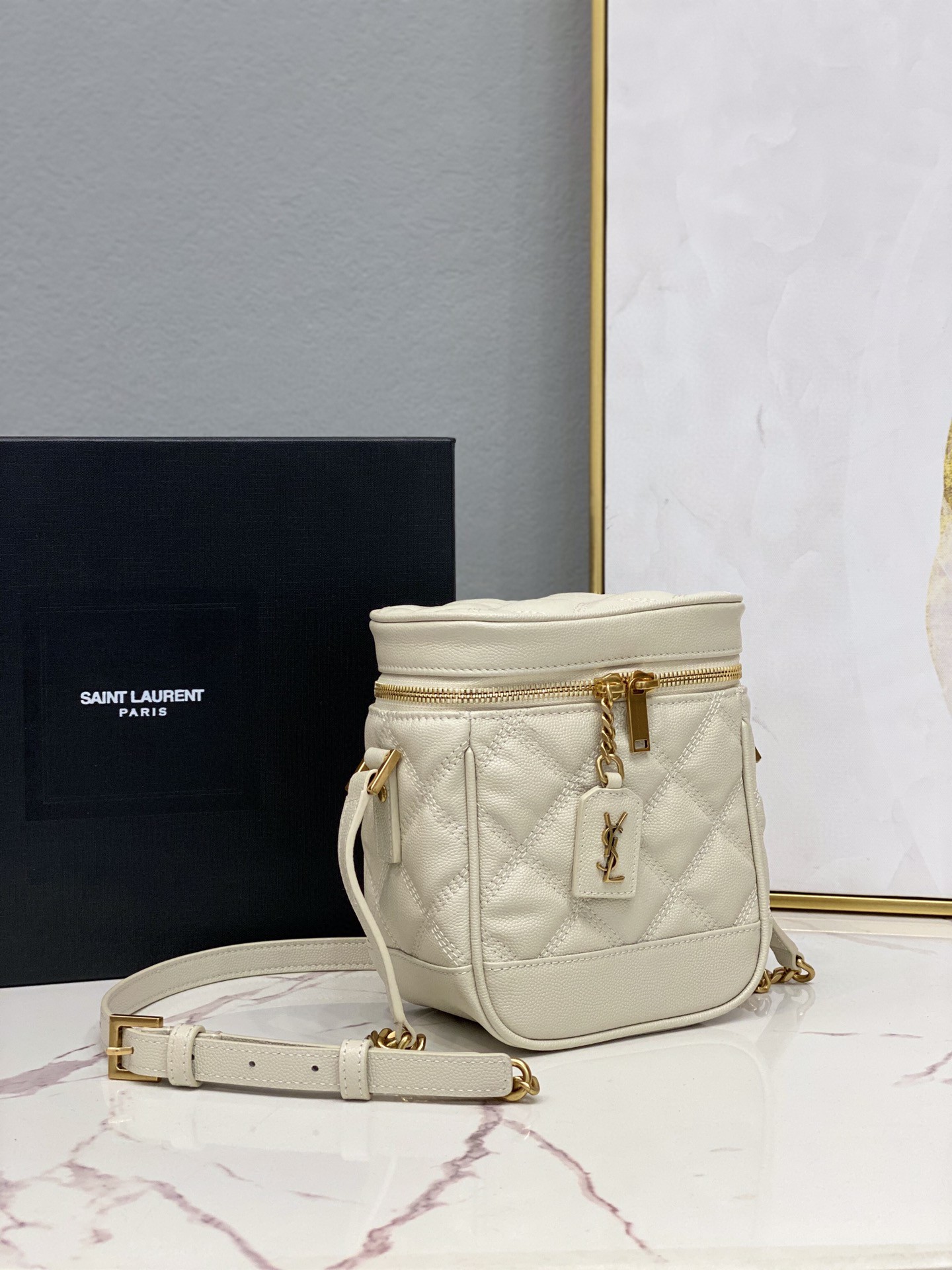 Saint Laurent 80’s Vanity Bag In Carré-Quilted Grain De Poudre White For Women 6.4in/16.5cm YSL 649779DME279207