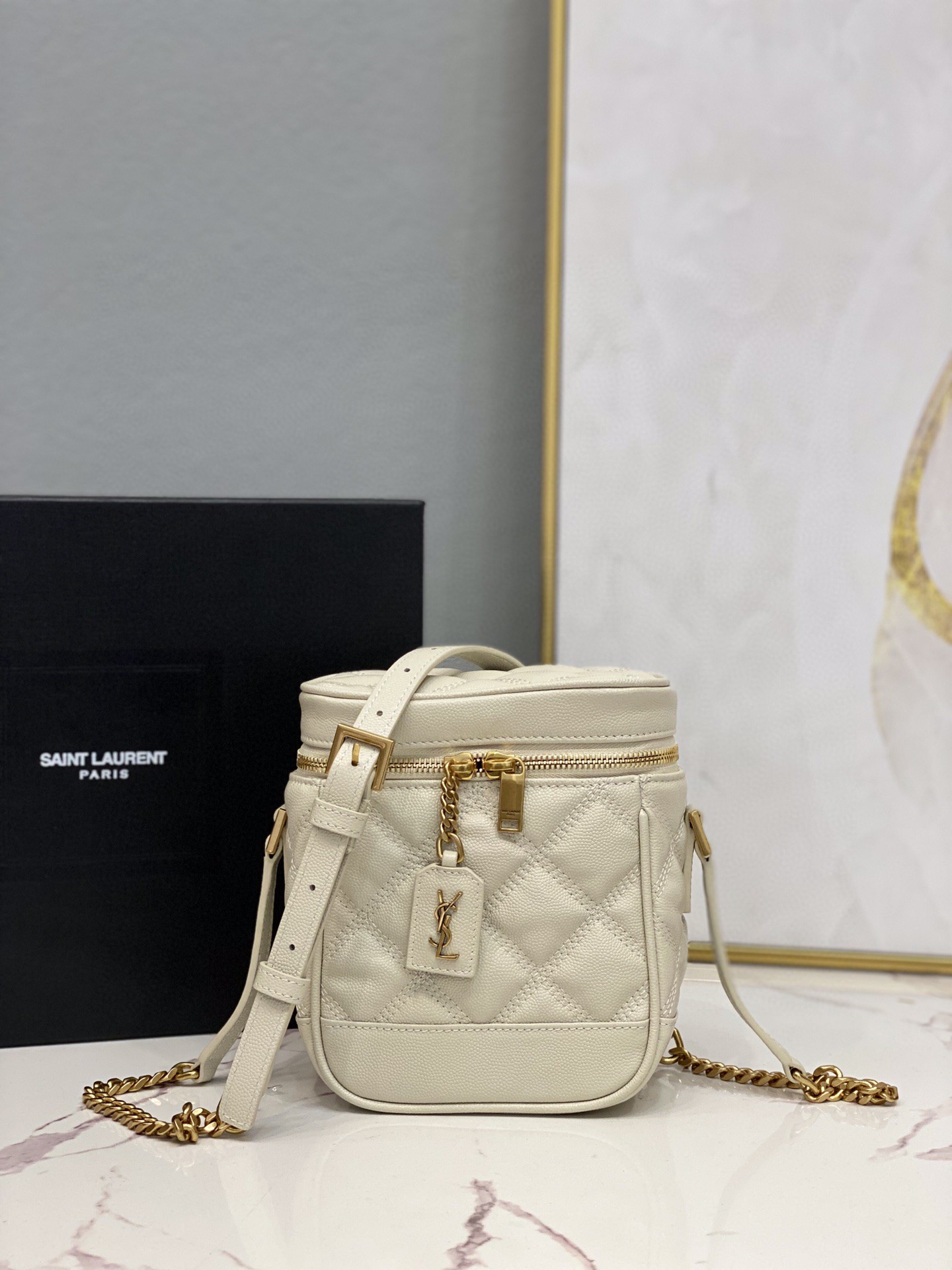 Saint Laurent 80’s Vanity Bag In Carré-Quilted Grain De Poudre White For Women 6.4in/16.5cm YSL 649779DME279207