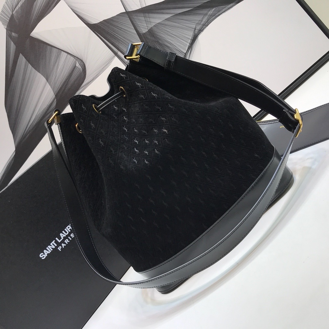 Saint Laurent All-Over Monogram Bucket Bag Black For Women 10.5in/27cm YSL 
