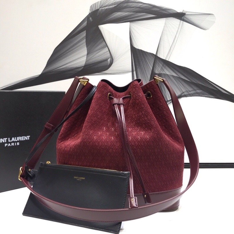 Saint Laurent All-Over Monogram Bucket Bag Burgundy For Women 10.5in/27cm YSL 