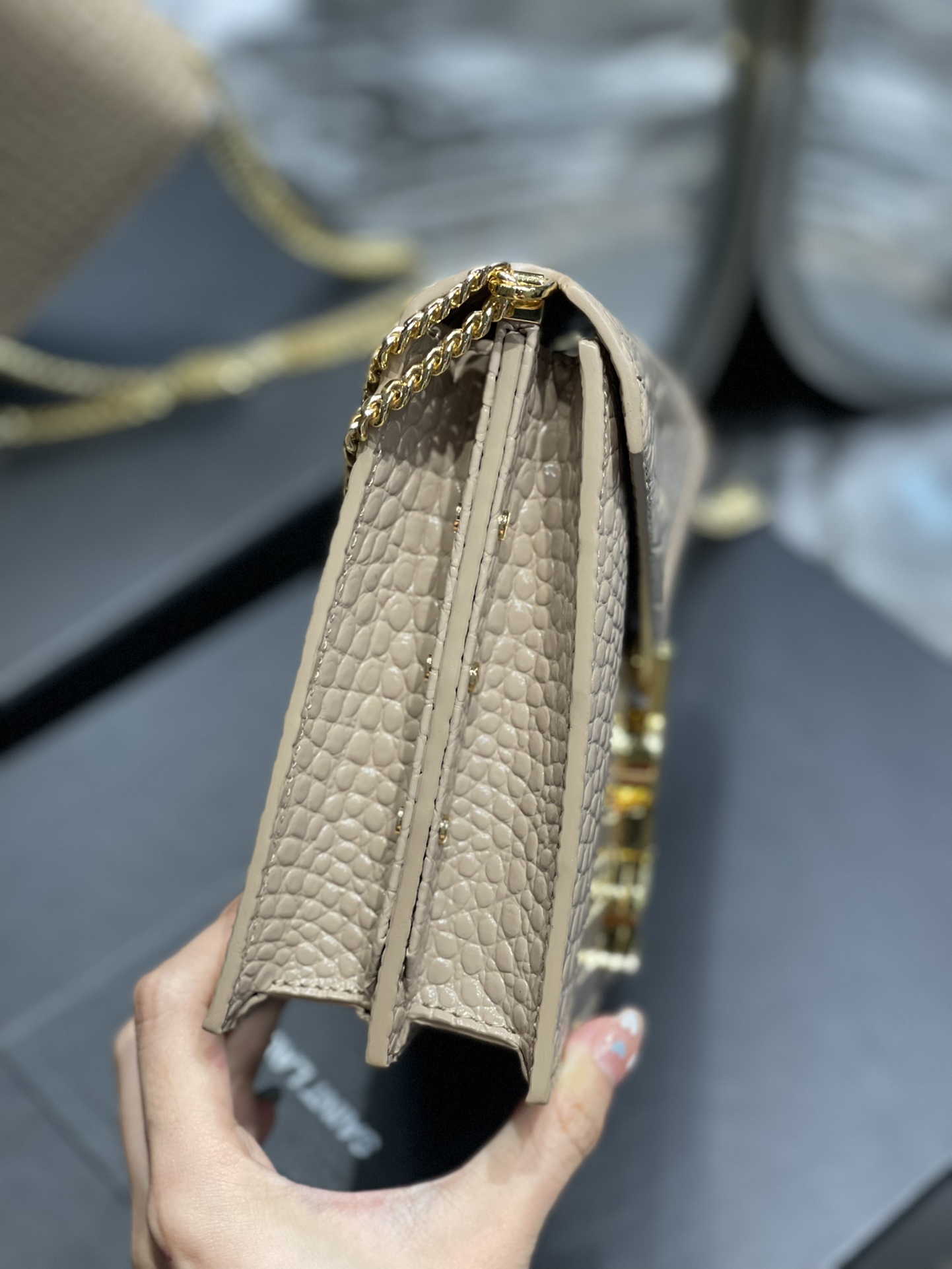 Saint Laurent Cassandra Medium Chain Bag Dark Beige In Grain De Poudre Embossed For Women 8.6in/22cm YSL 532750DND0J2721