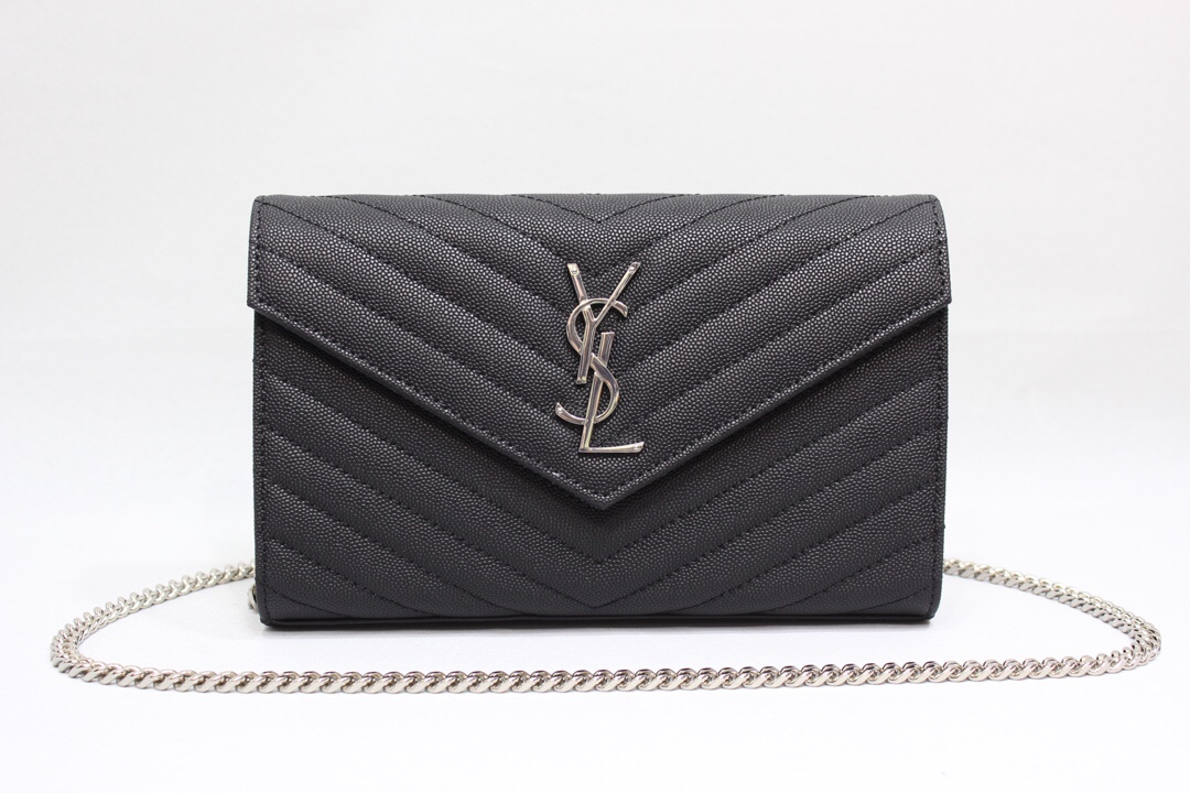 Saint Laurent Cassandre Matelassé Chain Wallet In Grain De Poudre Embossed Black For Women 8.8in/23cm YSL