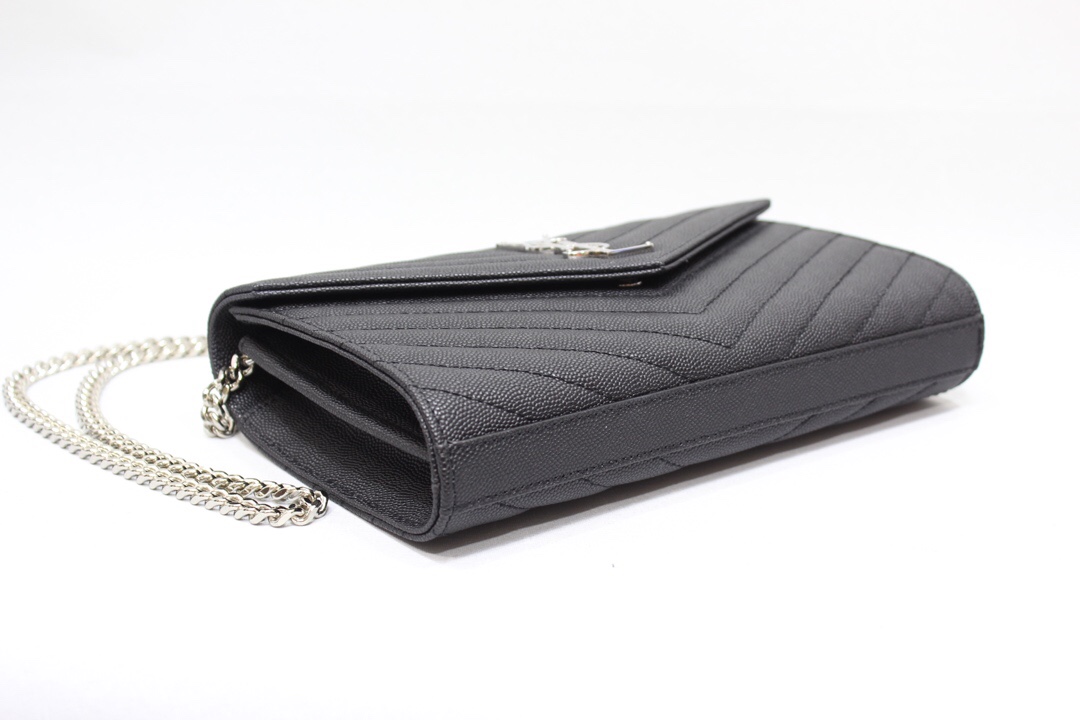 Saint Laurent Cassandre Matelassé Chain Wallet In Grain De Poudre Embossed Black For Women 8.8in/23cm YSL