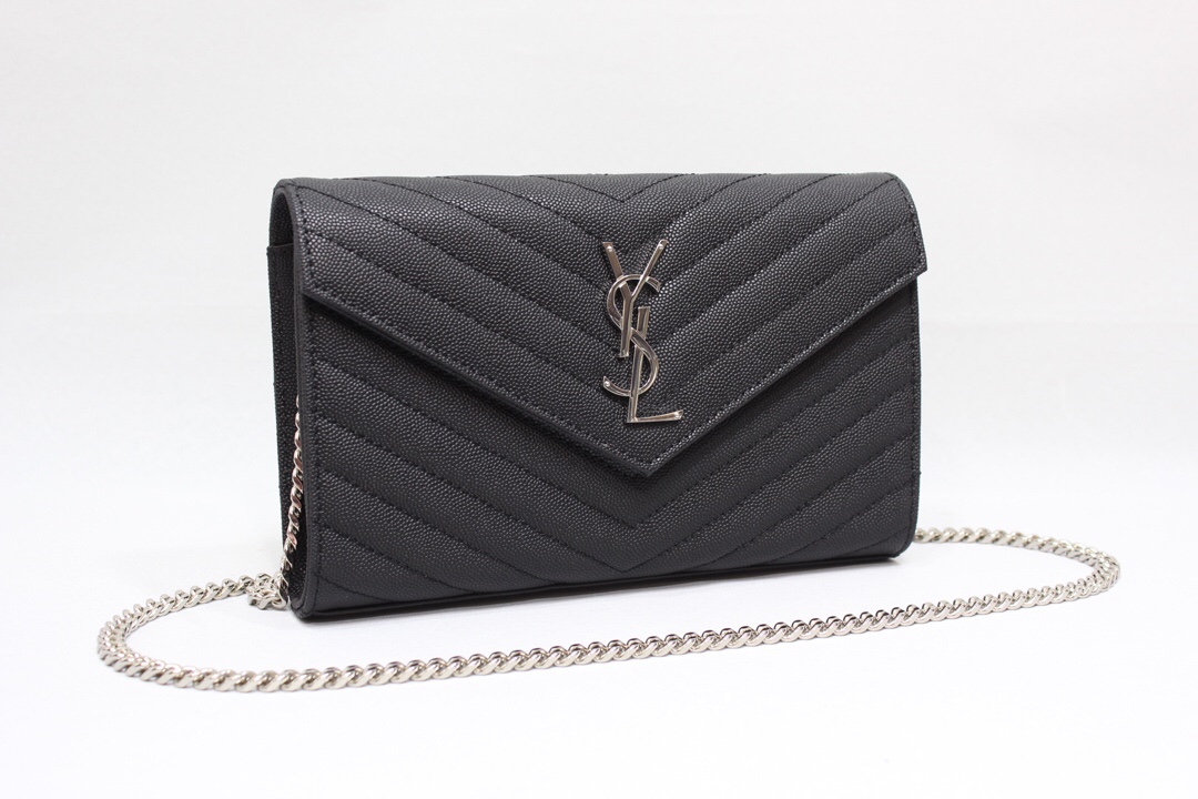Saint Laurent Cassandre Matelassé Chain Wallet In Grain De Poudre Embossed Black For Women 8.8in/23cm YSL