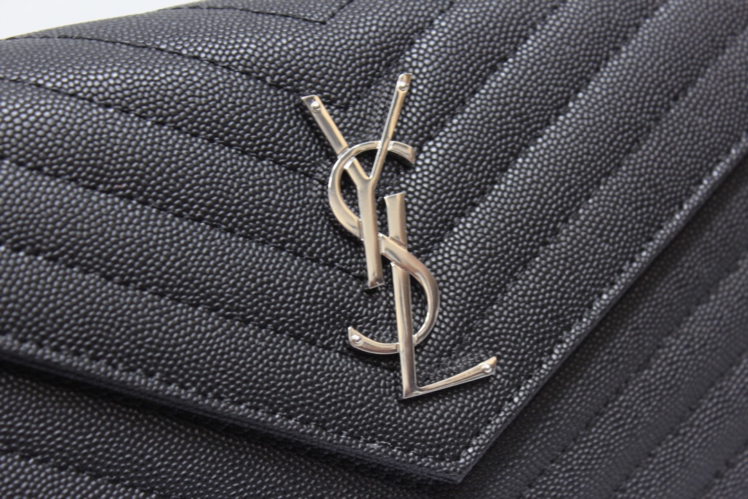 Saint Laurent Cassandre Matelassé Chain Wallet In Grain De Poudre Embossed Black For Women 8.8in/23cm YSL