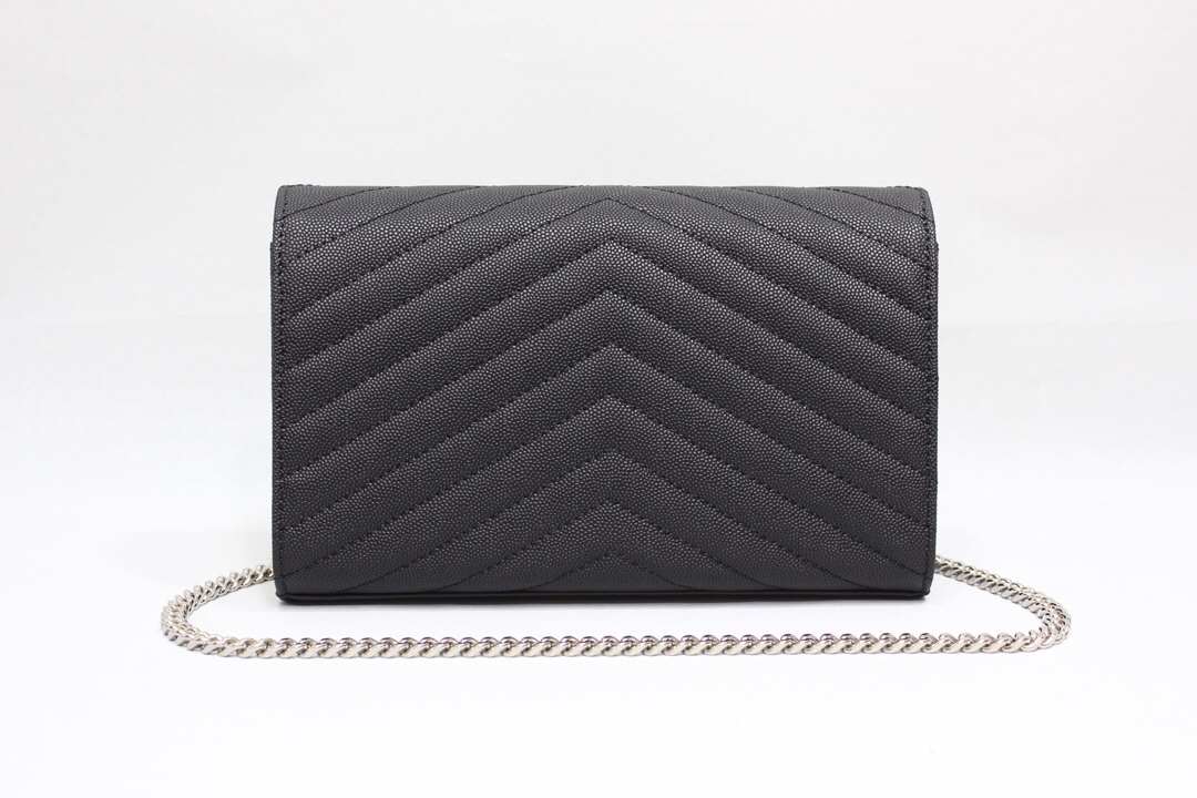 Saint Laurent Cassandre Matelassé Chain Wallet In Grain De Poudre Embossed Black For Women 8.8in/23cm YSL