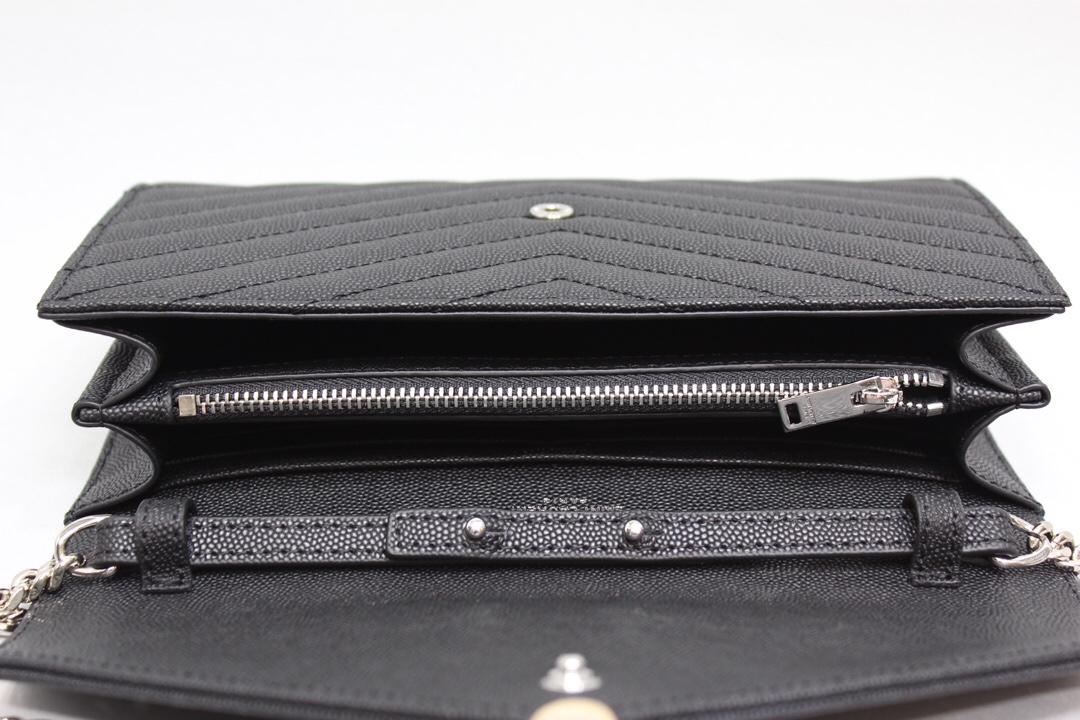 Saint Laurent Cassandre Matelassé Chain Wallet In Grain De Poudre Embossed Black For Women 8.8in/23cm YSL