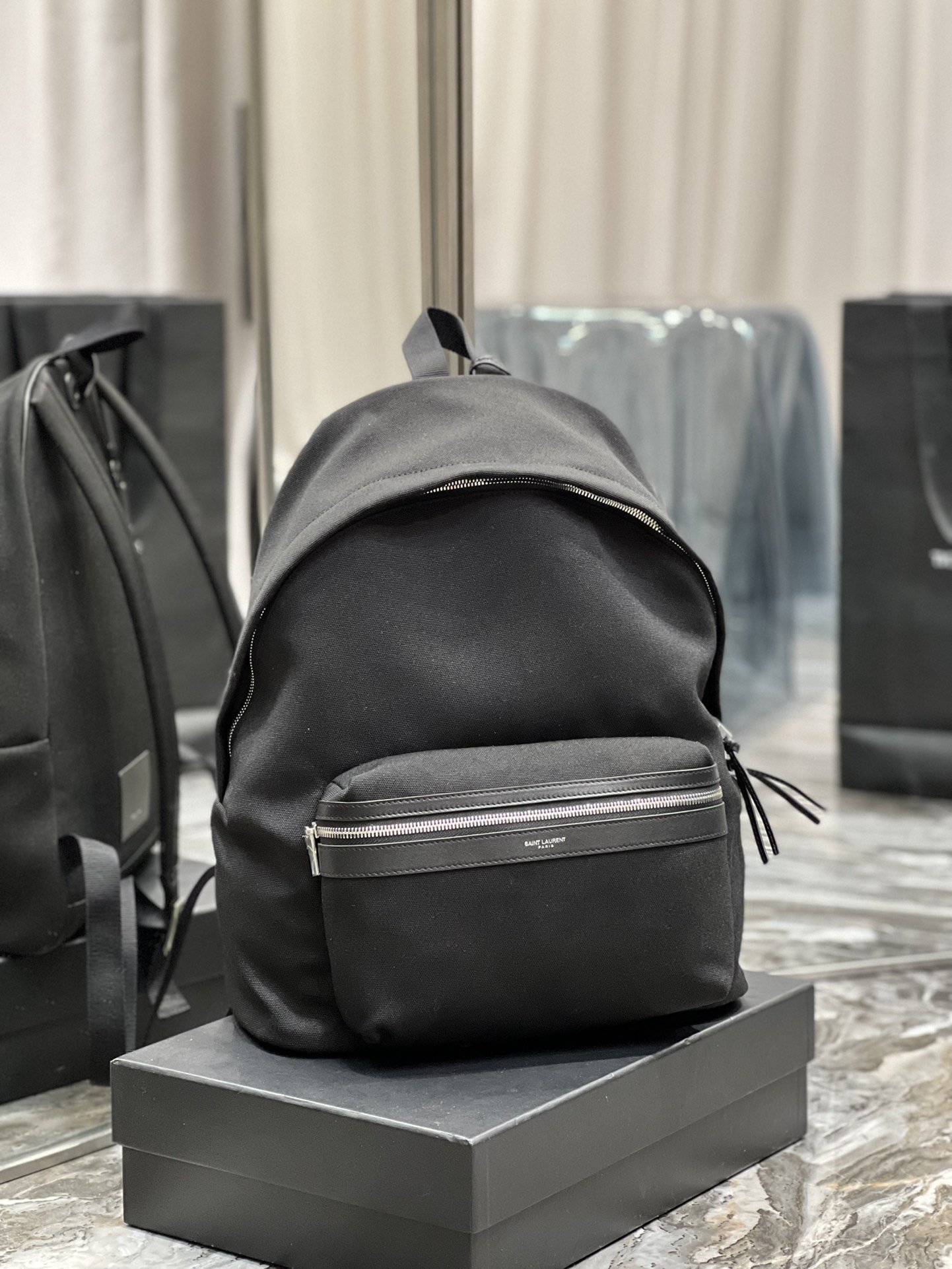 Saint Laurent City Backpack In Canvas Unisex For Women 15in/38cm Black YSL