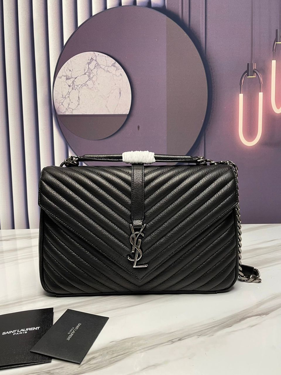 Saint Laurent College Large Chain Bag Black With Silver Toned Hardware For Women 12.6in/32cm YSL 600278BR