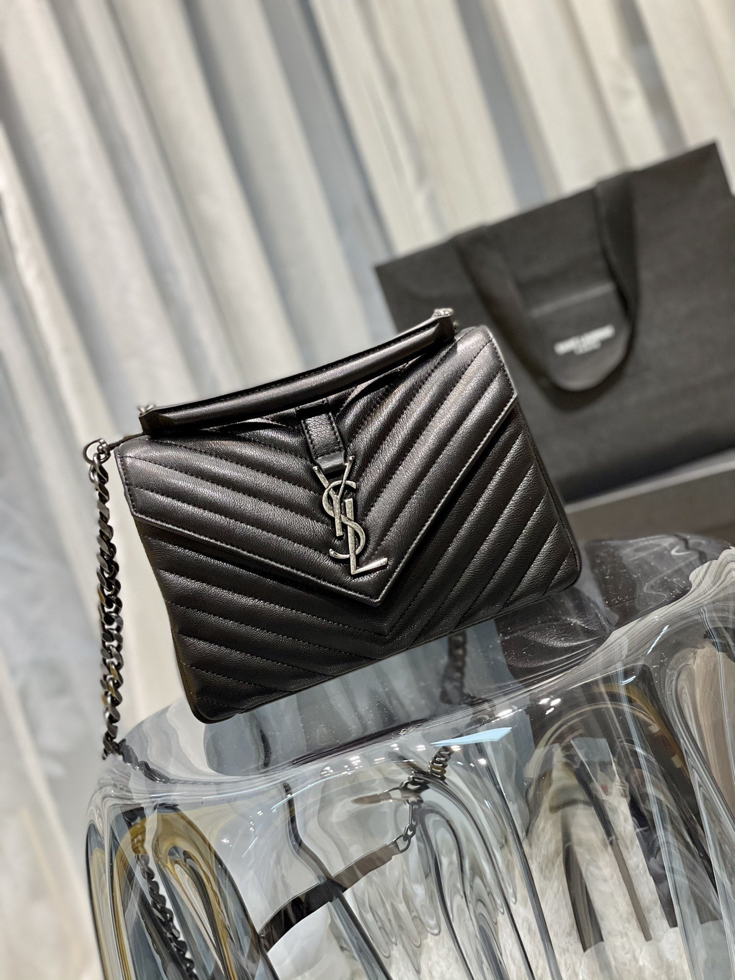 Saint Laurent College Medium Chain Bag Black Silver Toned Hardware For Women 9.4in/24cm YSL 600279BR
