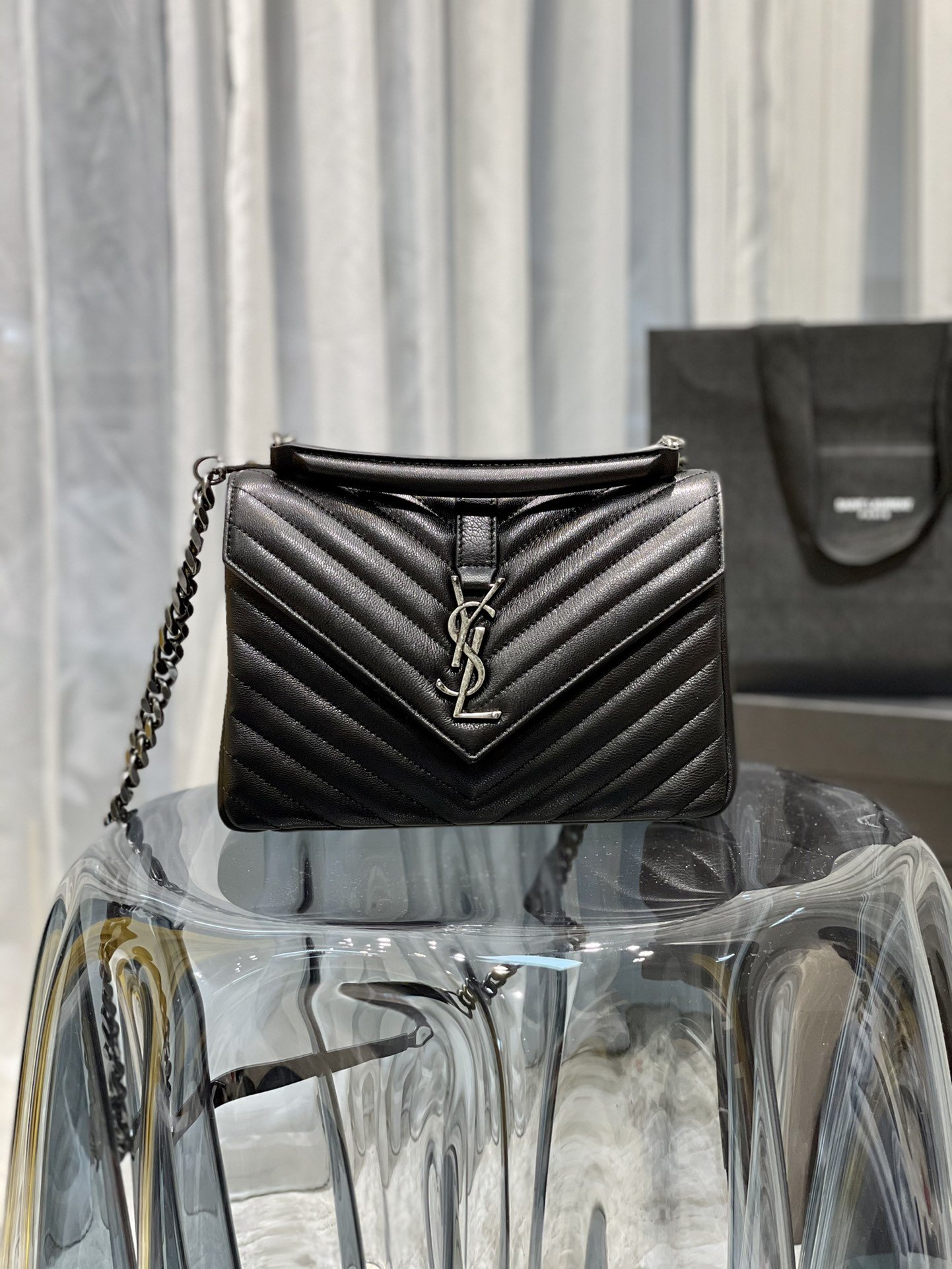 Saint Laurent College Medium Chain Bag Black Silver Toned Hardware For Women 9.4in/24cm YSL 600279BR