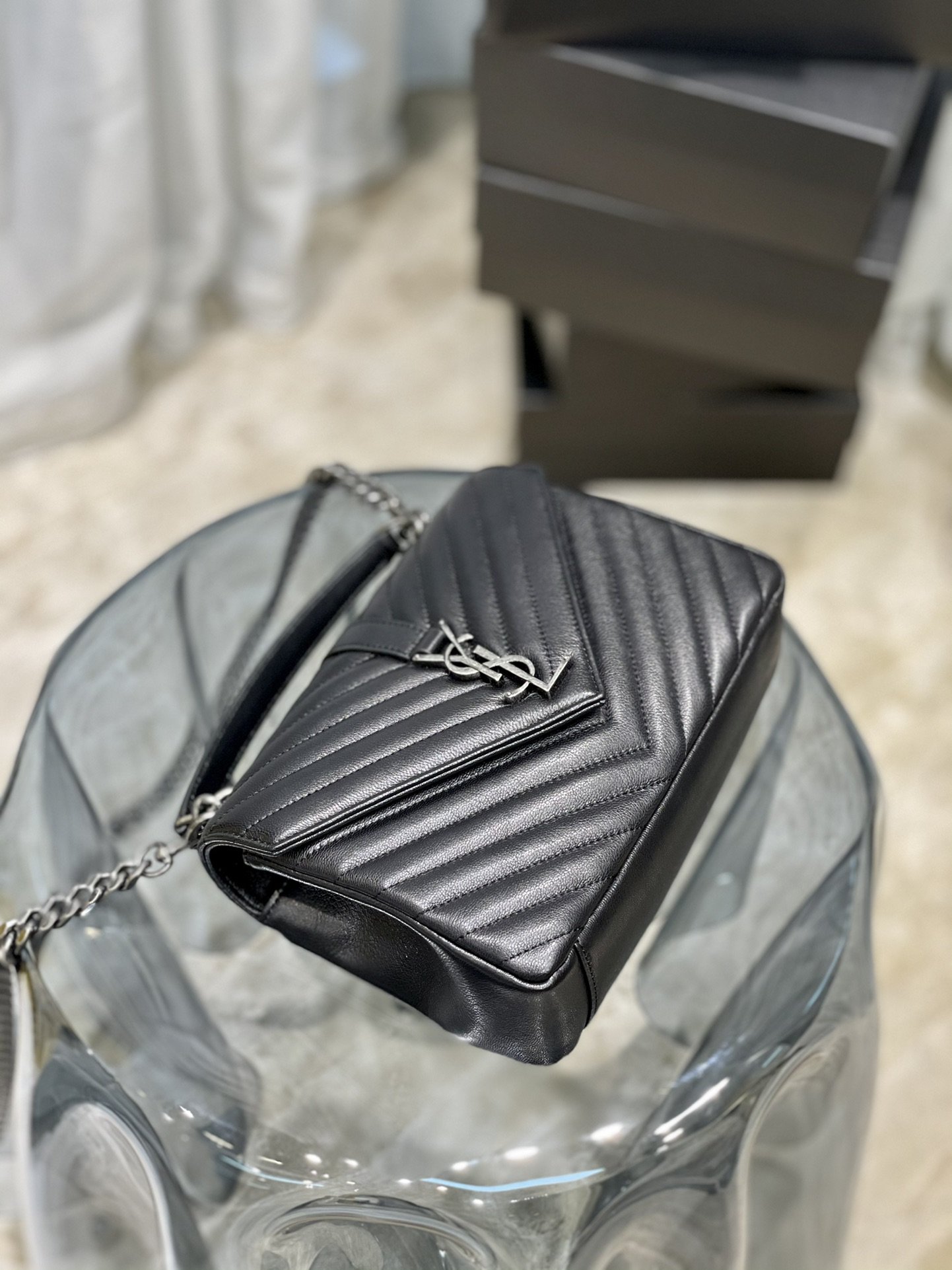 Saint Laurent College Medium Chain Bag Black Silver Toned Hardware For Women 9.4in/24cm YSL 600279BR