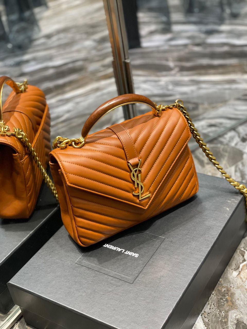 Saint Laurent College Medium Chain Bag Brown Gold Toned Hardware For Women 9.4in/24cm YSL 600279BR