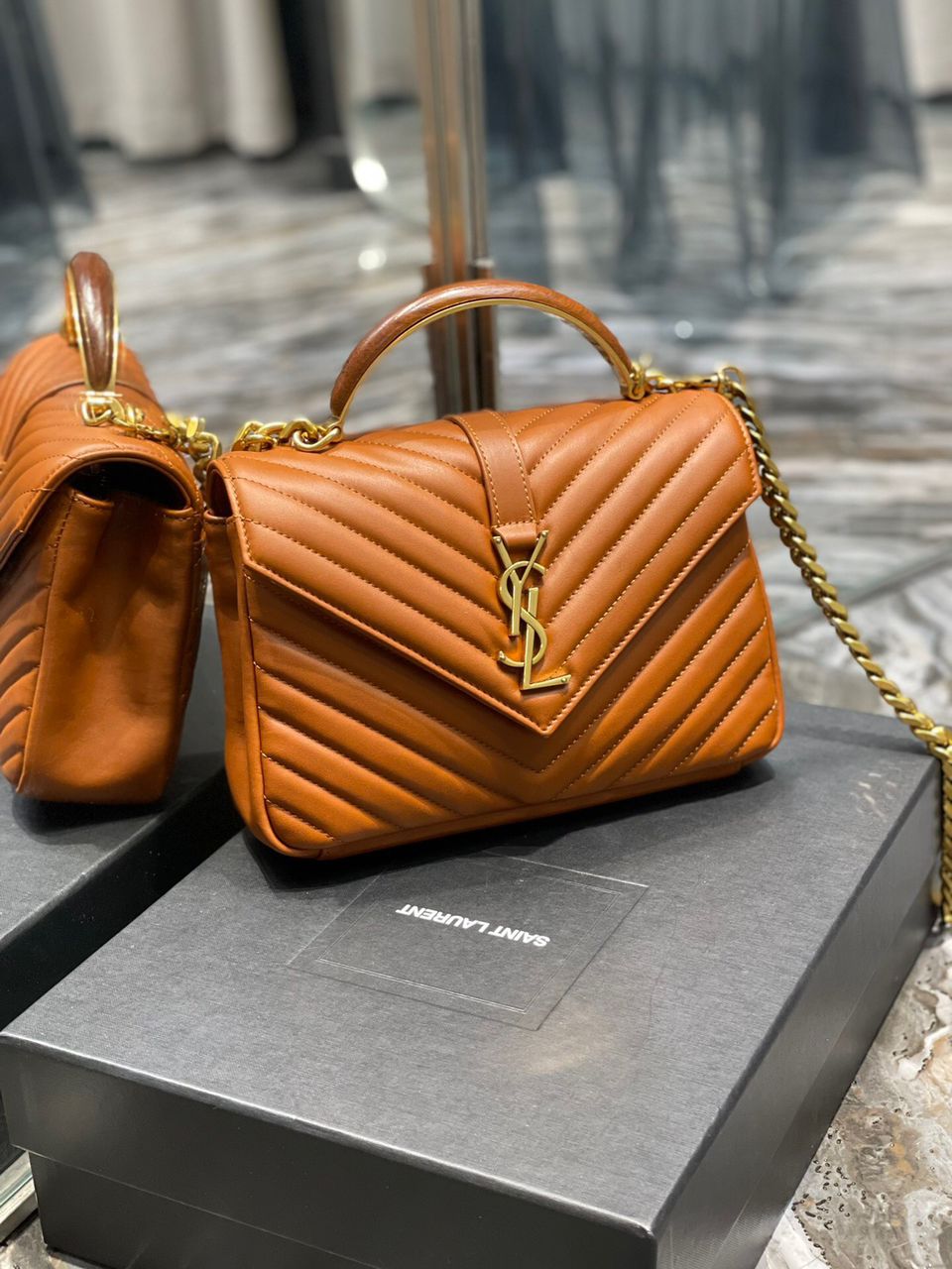 Saint Laurent College Medium Chain Bag Brown Gold Toned Hardware For Women 9.4in/24cm YSL 600279BR