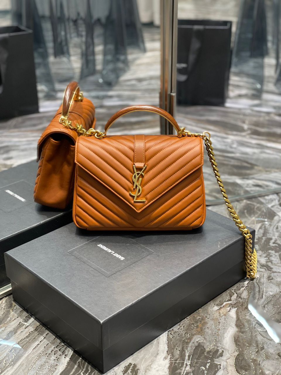 Saint Laurent College Medium Chain Bag Brown Gold Toned Hardware For Women 9.4in/24cm YSL 600279BR