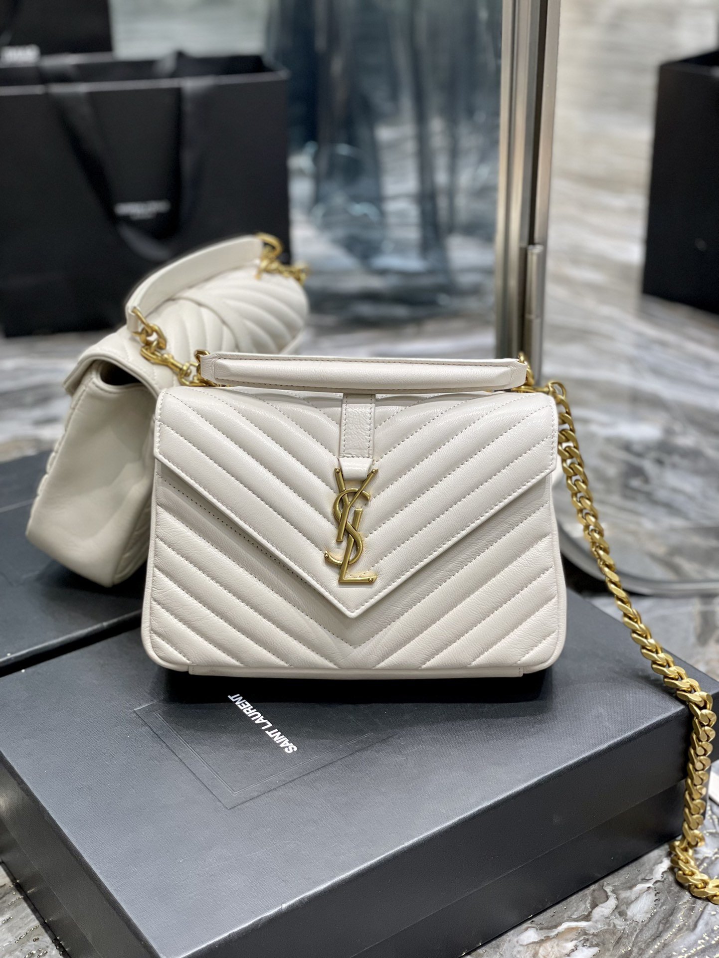 Saint Laurent College Medium Chain Bag White Gold Toned Hardware For Women 9.4in/24cm YSL 600279BR