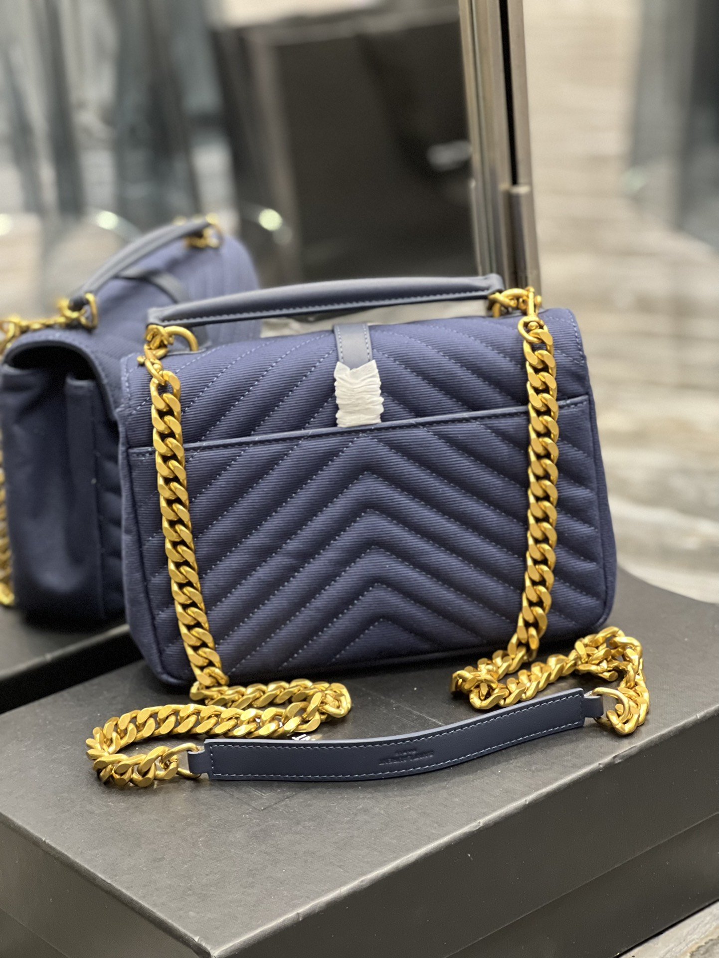 Saint Laurent Envelope Medium Bag Marine In Mix Matelassé Grain De Poudre Embossed Material For Women 9.4in/24cm YSL