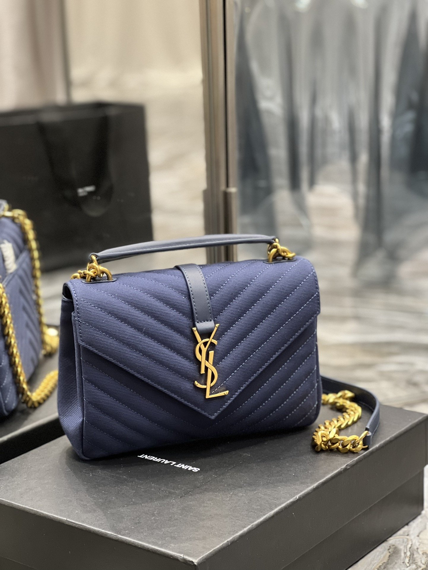 Saint Laurent Envelope Medium Bag Marine In Mix Matelassé Grain De Poudre Embossed Material For Women 9.4in/24cm YSL