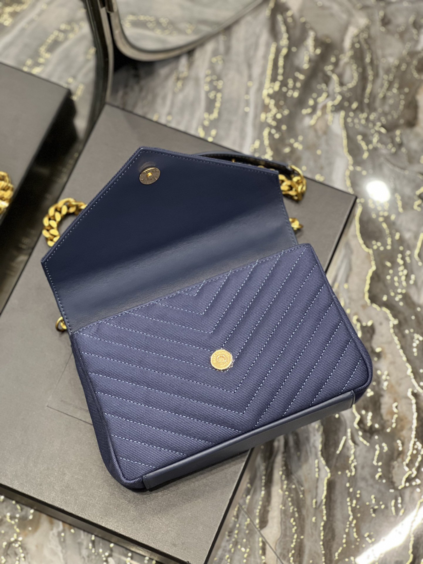 Saint Laurent Envelope Medium Bag Marine In Mix Matelassé Grain De Poudre Embossed Material For Women 9.4in/24cm YSL