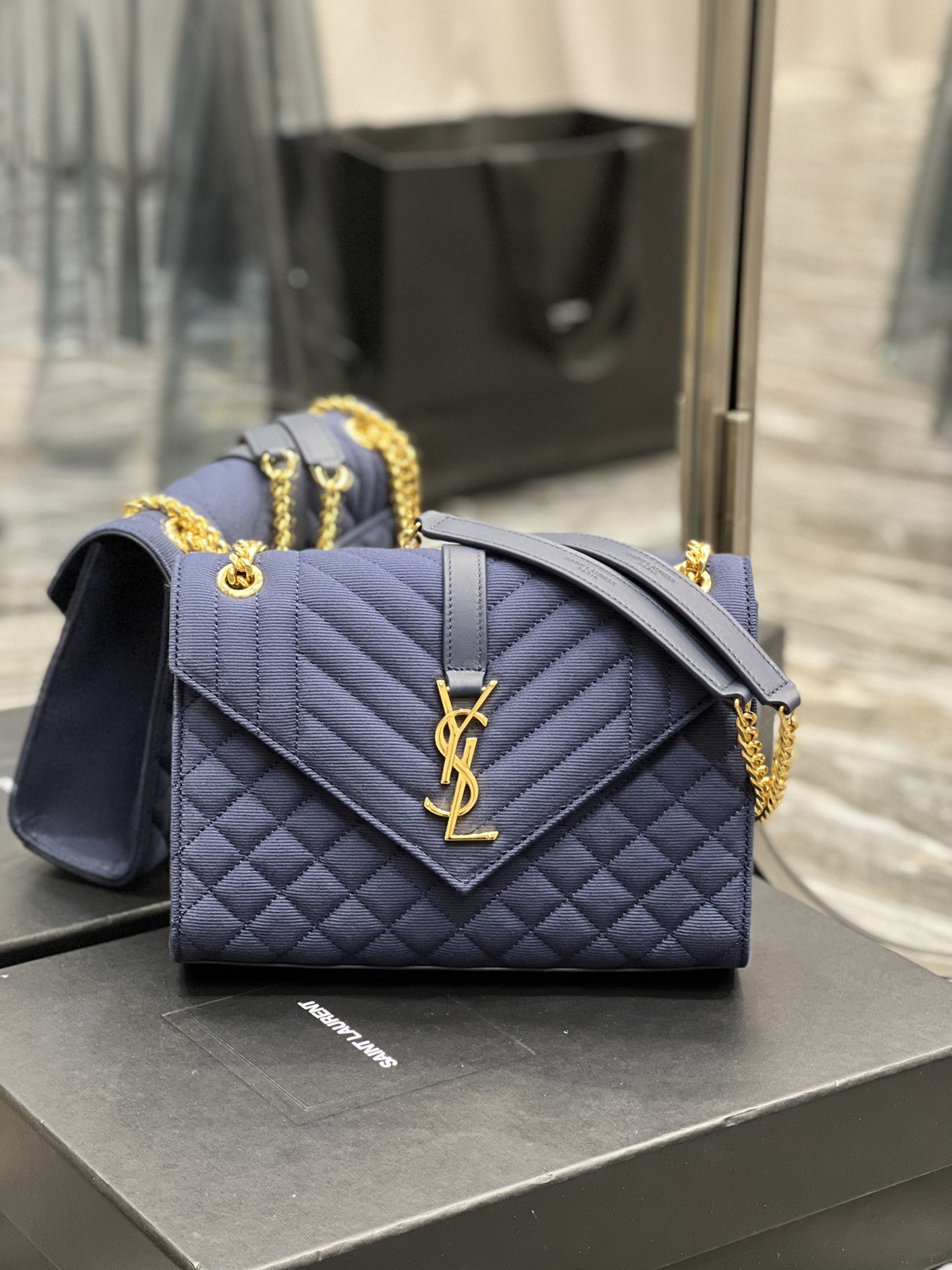 Saint Laurent Envelope Medium Bag Marine In Mix Matelassé Grain De Poudre Embossed Material For Women 9.4in/24cm YSL