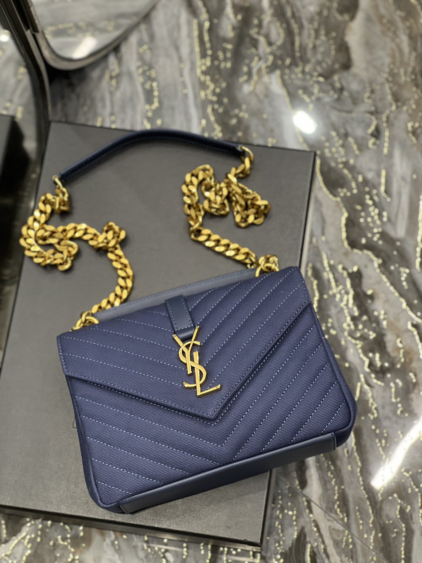 Saint Laurent Envelope Medium Bag Marine In Mix Matelassé Grain De Poudre Embossed Material For Women 9.4in/24cm YSL