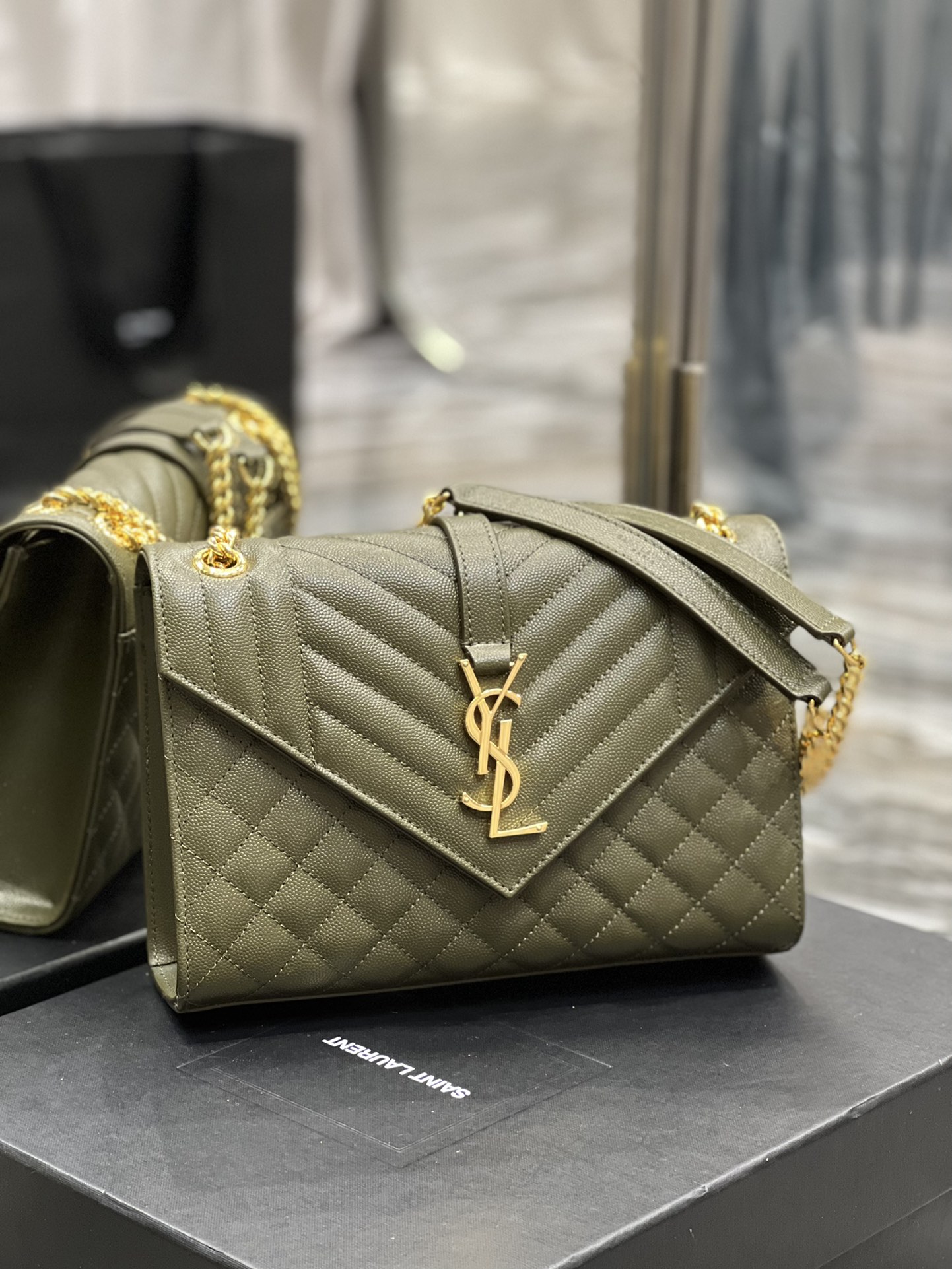 Saint Laurent Envelope Medium Chain Bag Dark Green For Women, Women’s Bags 9.4in/24cm YSL