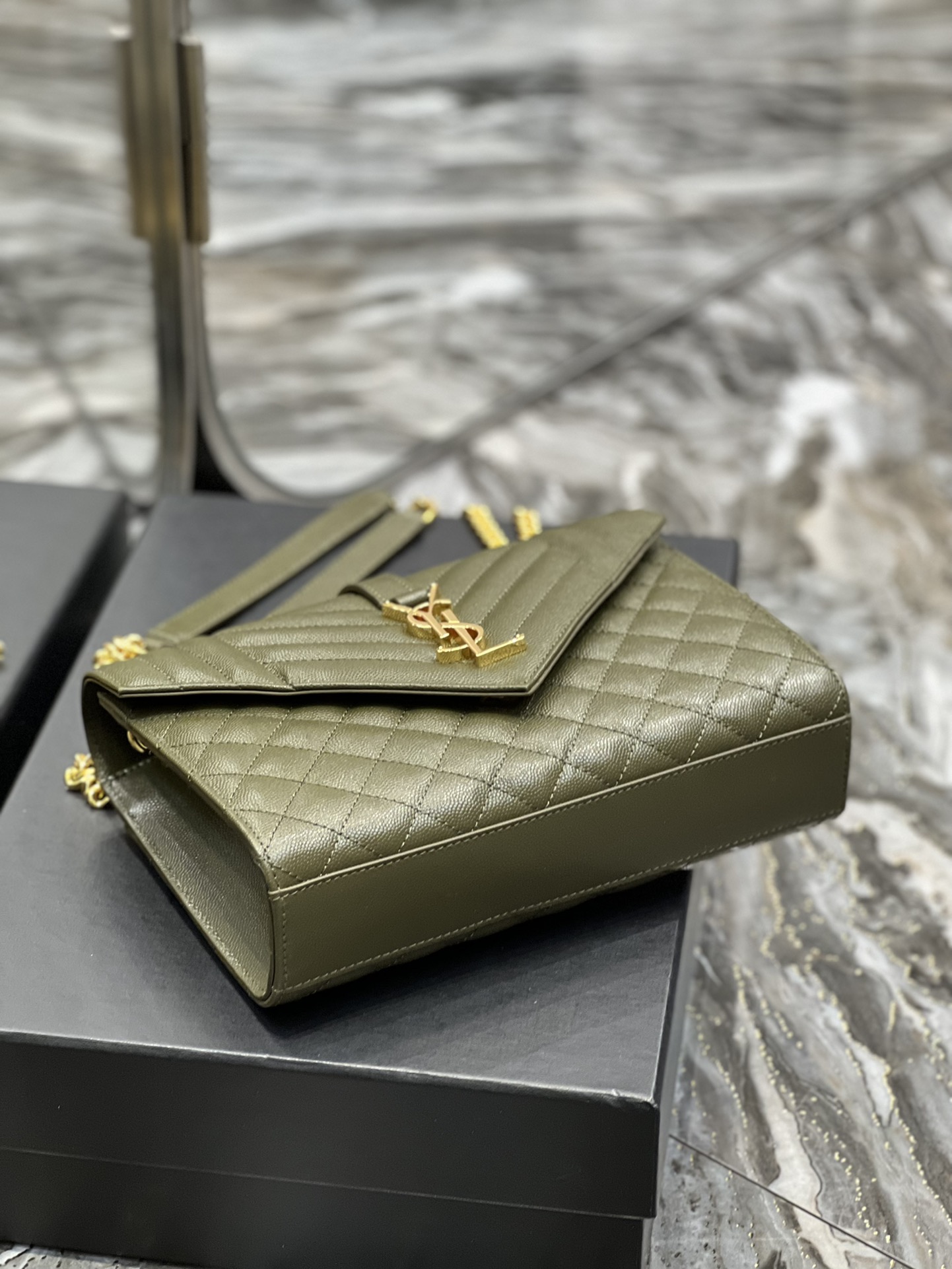 Saint Laurent Envelope Medium Chain Bag Dark Green For Women, Women’s Bags 9.4in/24cm YSL